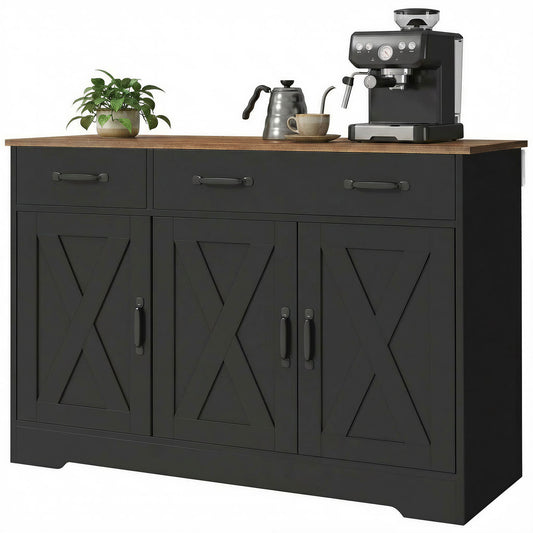 43" Farmhouse Sideboard Buffet Cabinet with 3 Barn Doors - Black