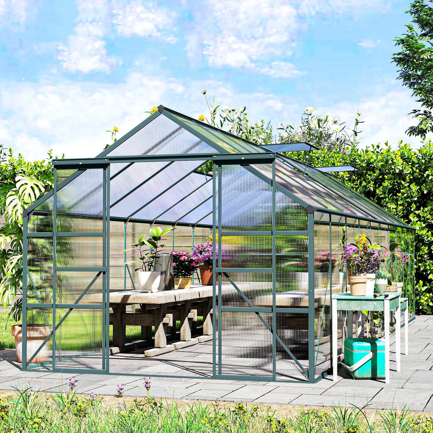 Aluminum Greenhouse Polycarbonate Walk-in Garden Greenhouse Kit with Rain Gutter and Sliding Door, 20' x 8', Green