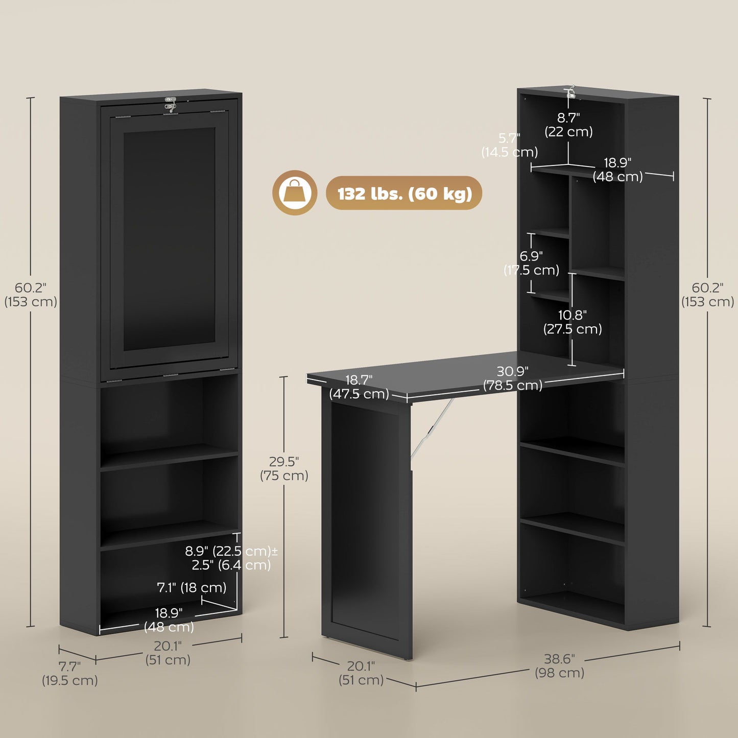 Fold-out Convertible Office Desk, Wall Mount Computer Desk with Blackboard and Side Shelf, Black