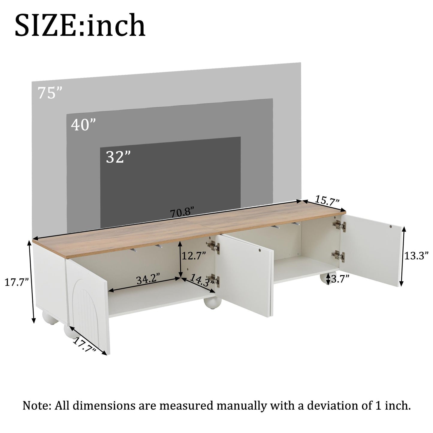 Stylish TV Stand with 4 Doors and Spherical Metal Legs, Sturdy TV Cabinet with Large Closed Storage, 71" L x 15.5" W x 17.5" H, White+Oak
