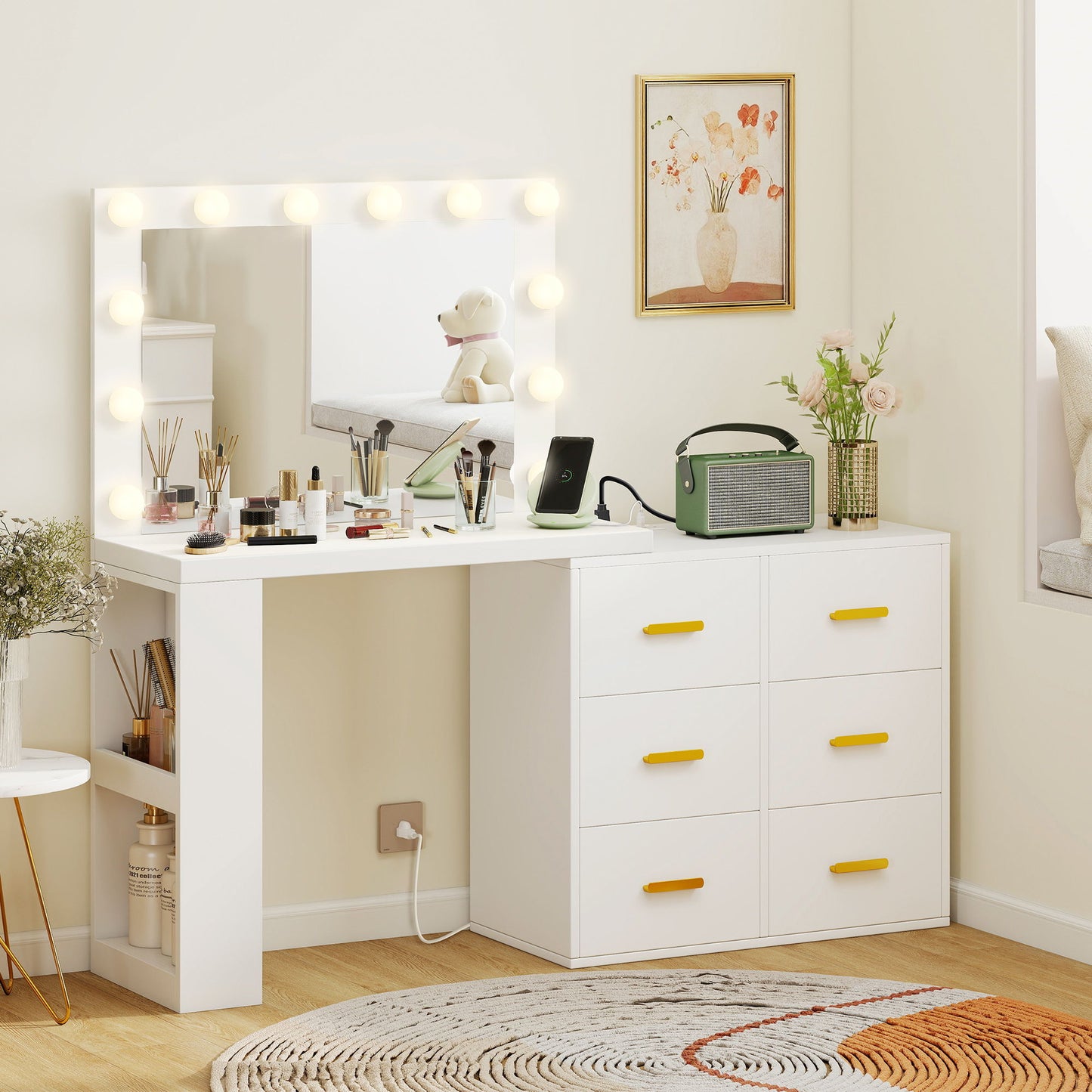 Vanity Desk with Mirror and 12 LED Lights, Makeup Table w/ Power Outlet, 3 Light Colour, 6 Drawers and 2 Shelves, White