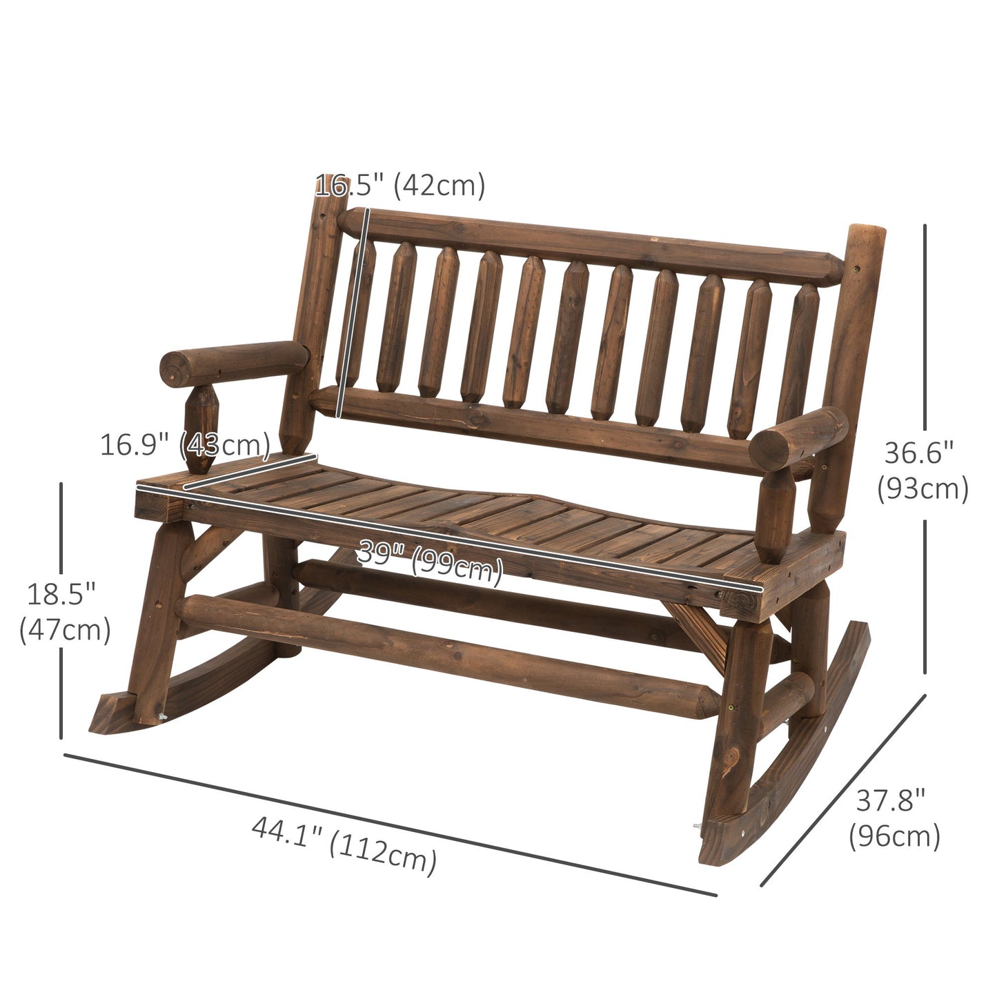 2-Person Wood Patio Rocker, Outdoor Rocking Chair, Porch Rocking Bench with Slat Back and Seat, Carbonized Colour
