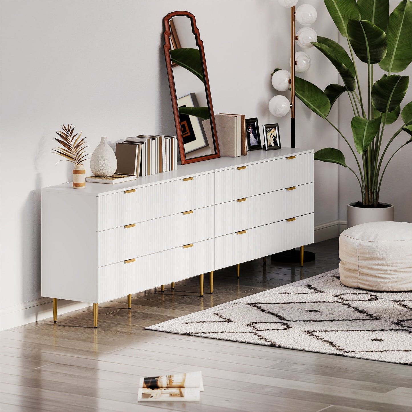 Modern Chest of Drawers 6 Drawer Dresser for Bedroom with Gold Legs and Handles, White
