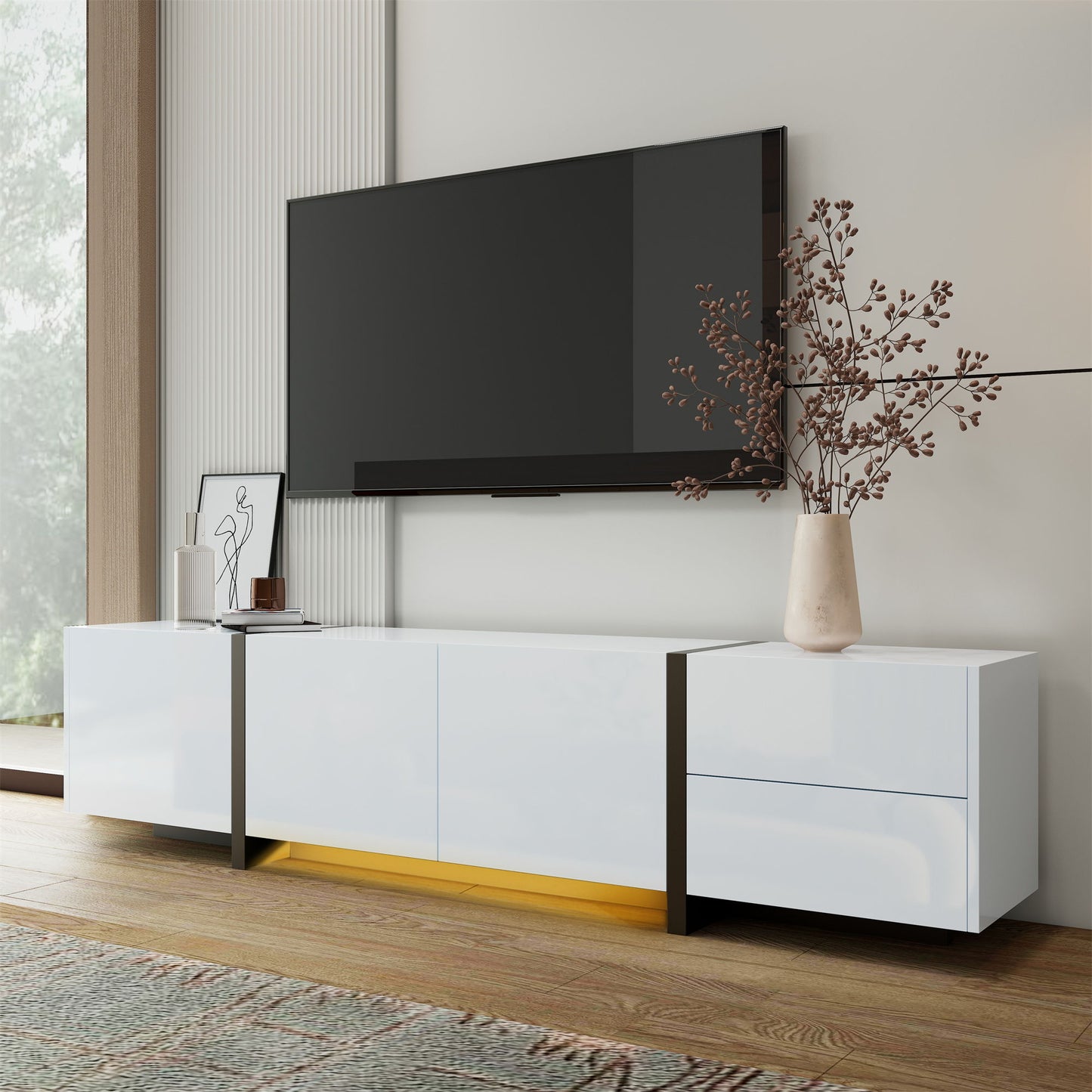 Modern TV Cabinet with High Gloss Finish, Ample Storage with Drawers and Cabinets, Easy Installation, 67" L x 11.5" W x 11.5" H, White