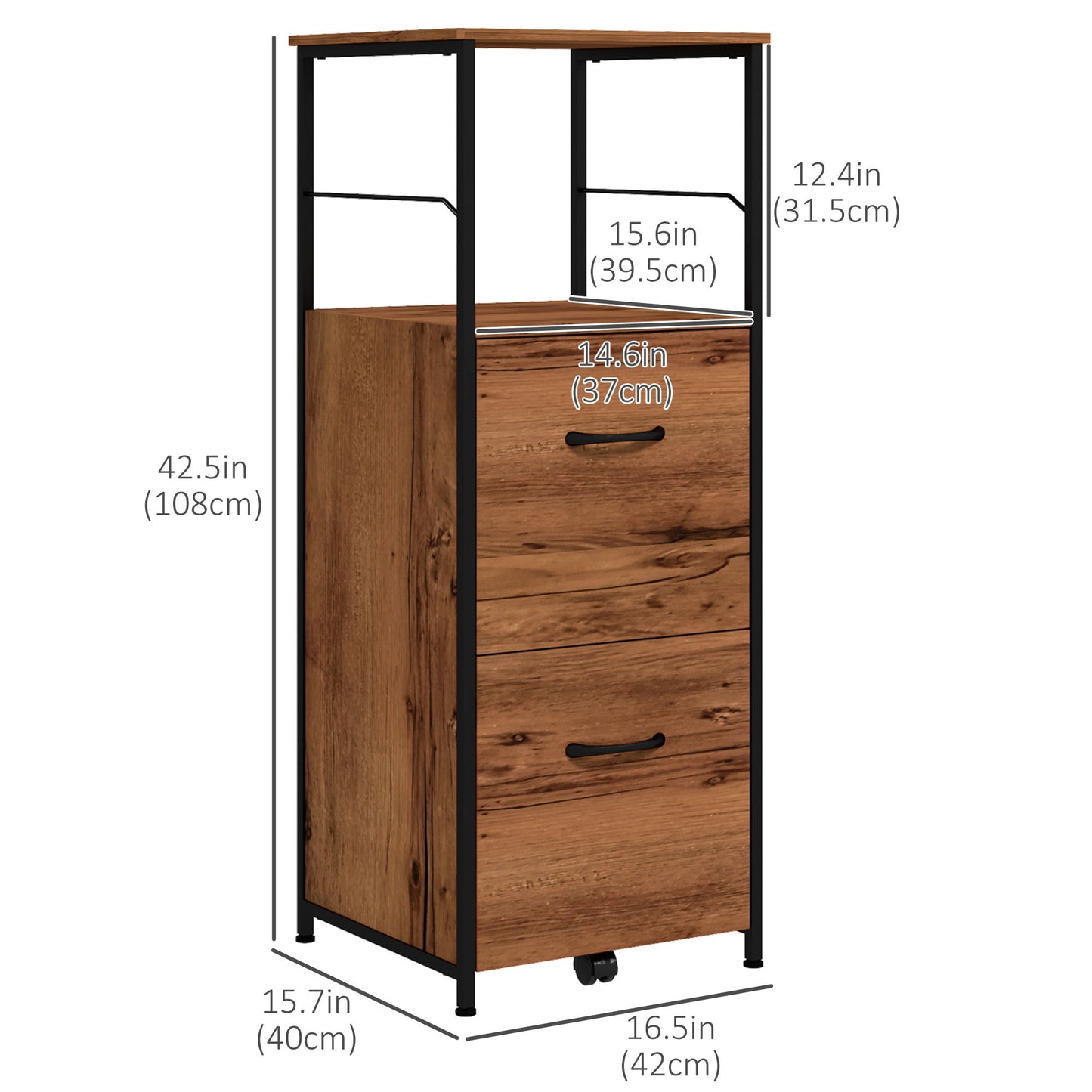 Vertical Filing Cabinet, Tall File Cabinet with 2 Drawers, Hanging Bars for Letter and A4 Size, Rustic Brown