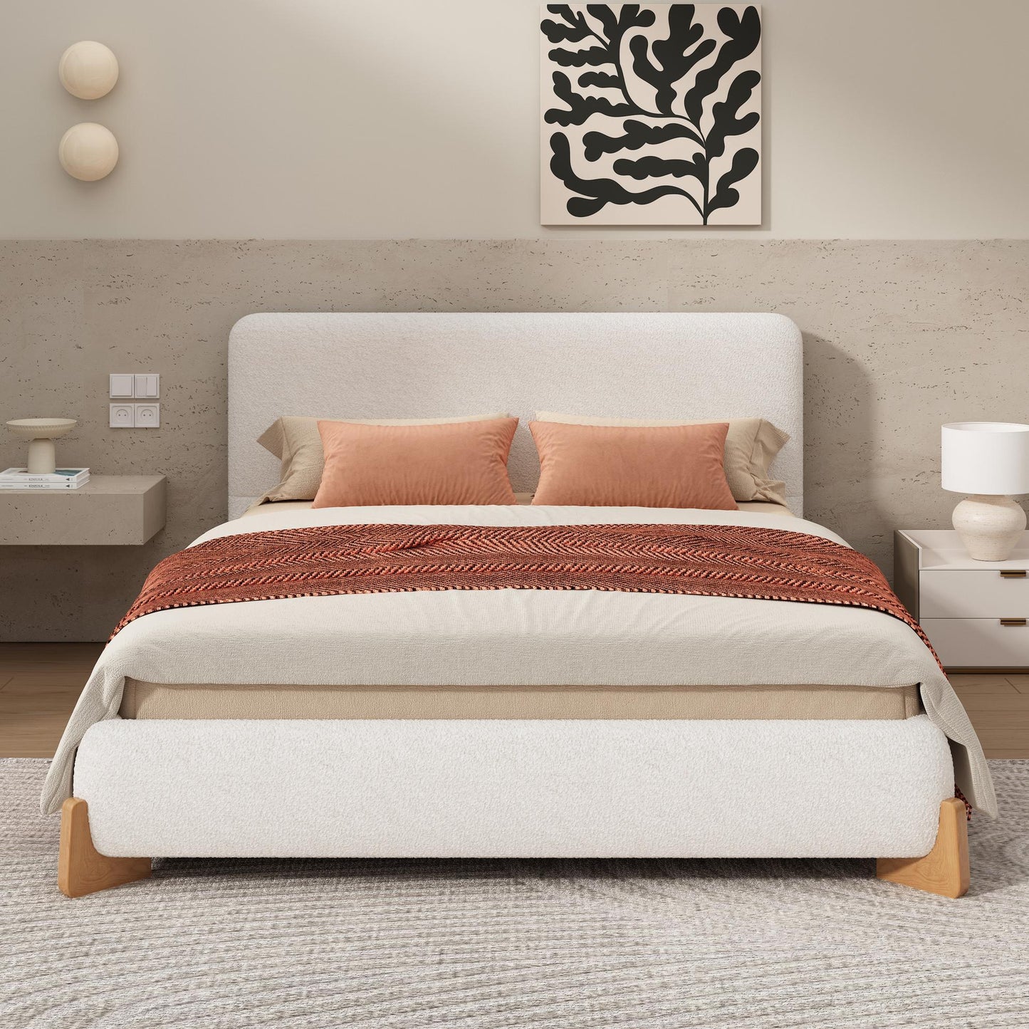 Queen-Size Boucle Upholstered Bed with 12 Wooden Slats & 3 Support Legs, Durable Bed Frame with Solid Feet, 88'' L x 69'' W x 38'' H, White
