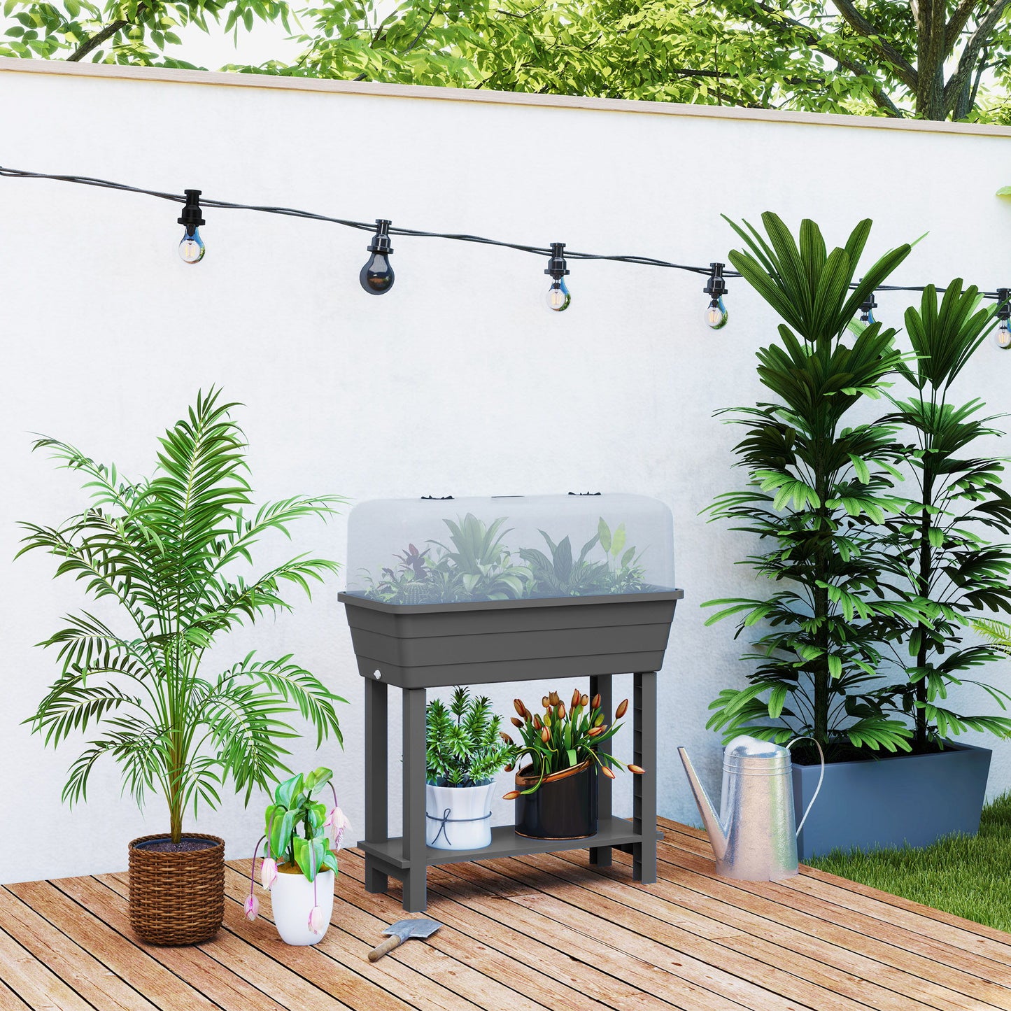 41L Self Watering Raised Garden Bed w/ Ventilation Transparent Lid Greenhouse, Planter Box w/ Storage Shelf, Dark Grey
