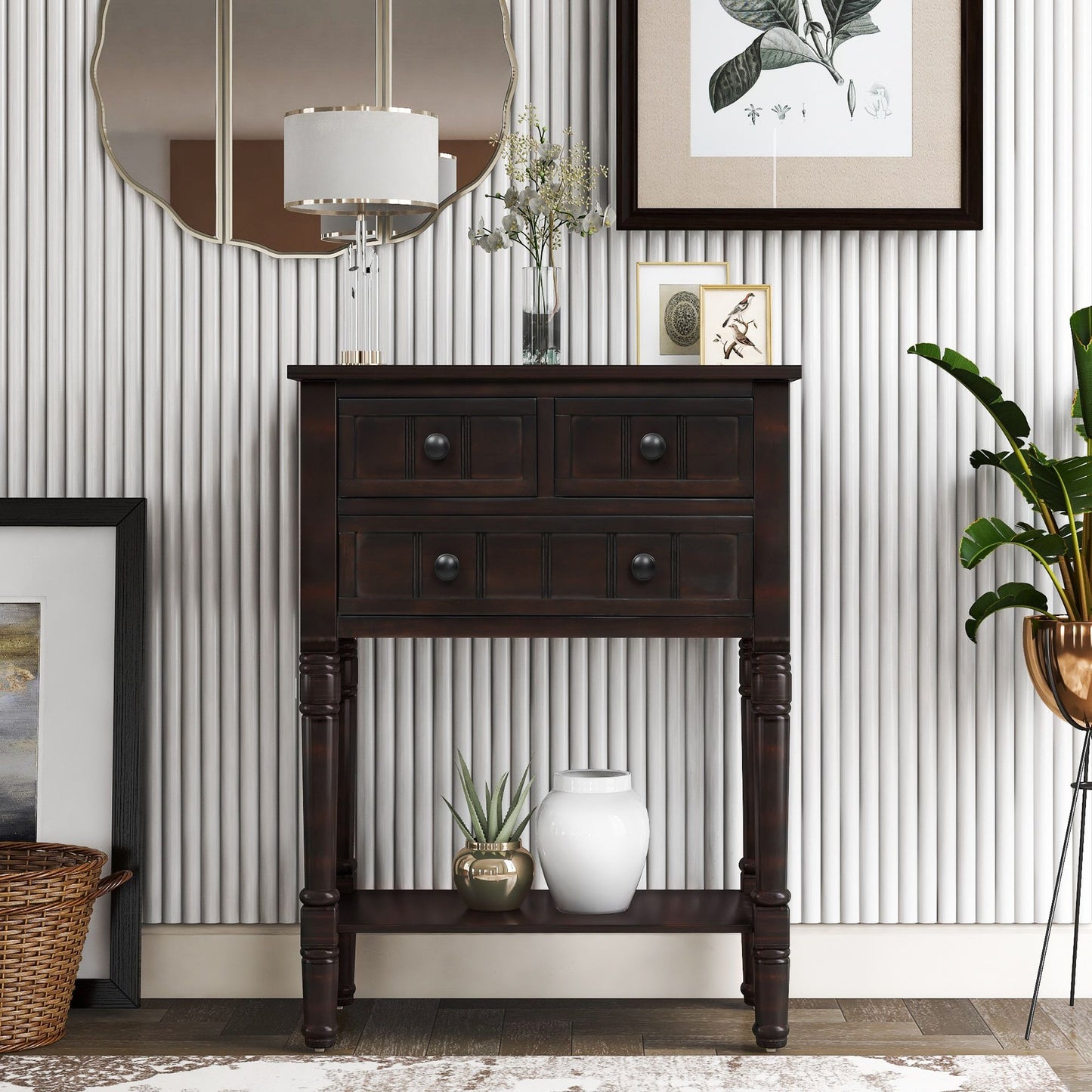 Narrow Console Table with 3 Storage Drawers, Bottom Shelf, Slim Sofa Table for Entryway, Living Room, 24" L x 13" W x 31" H, Dark Brown