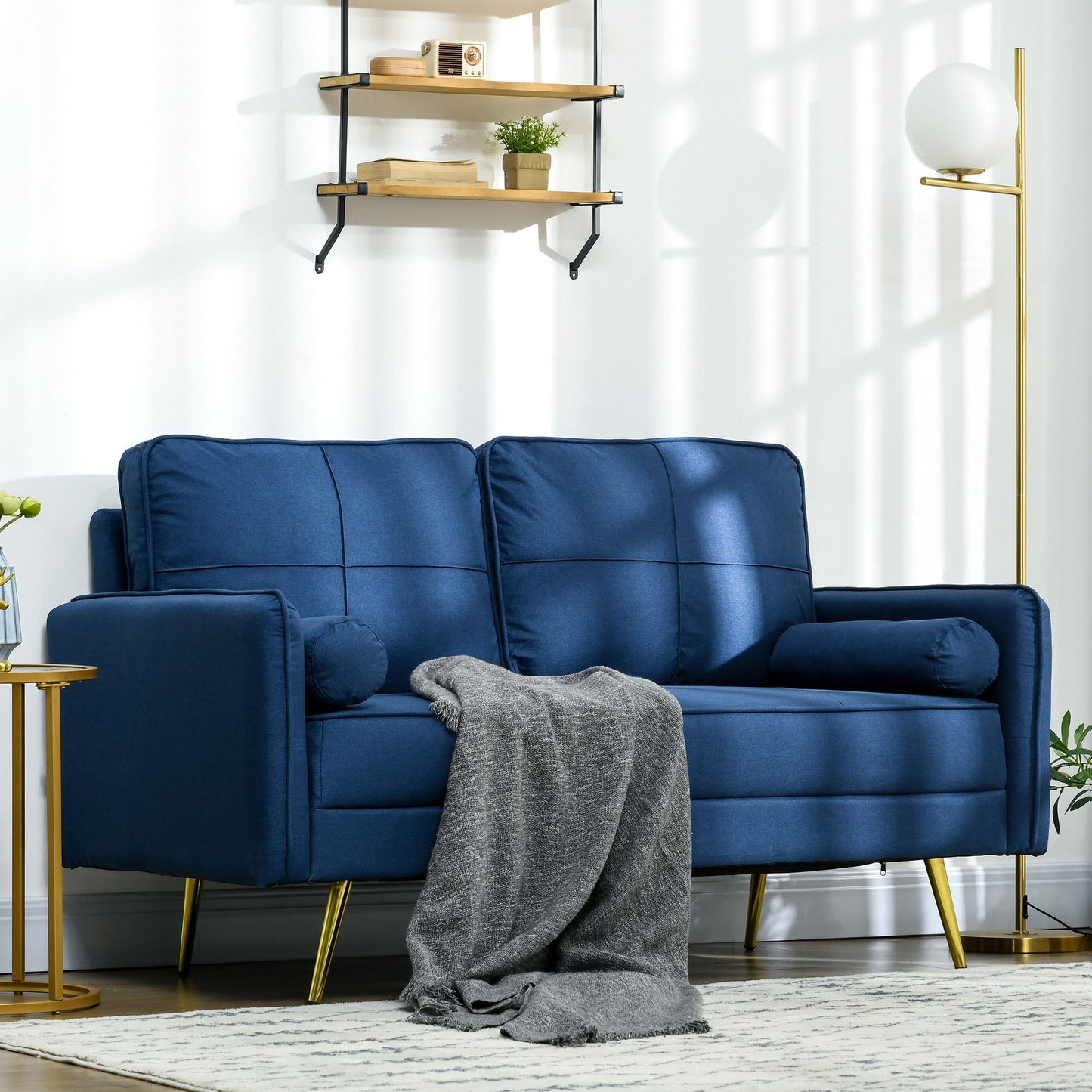 56" Loveseat Sofa for Bedroom Upholstered 2 Seater Couch with Back Cushions and Pillows, Blue