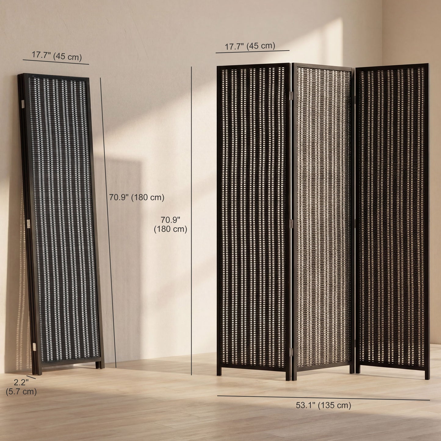 Folding Privacy Screen, 3 Panel Room Divider, Freestanding Partition with Handwoven Bamboo and Pine Wood Frame, Black