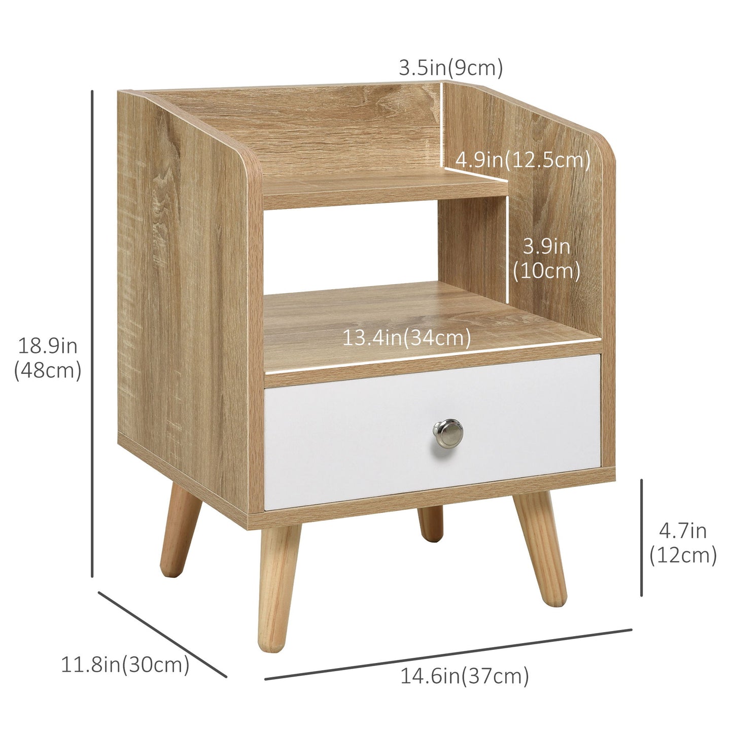 Bedside Table with 2-tier Shelf and Drawer, Side End Table with Storage for Living Room, Bedroom, Natural