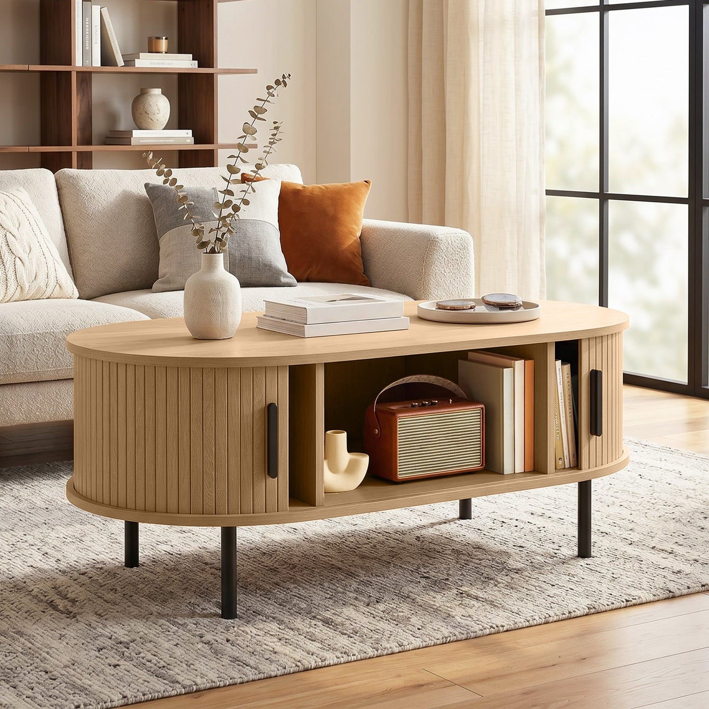 39" Coffee Table with Tambour Doors and Storage - Natural