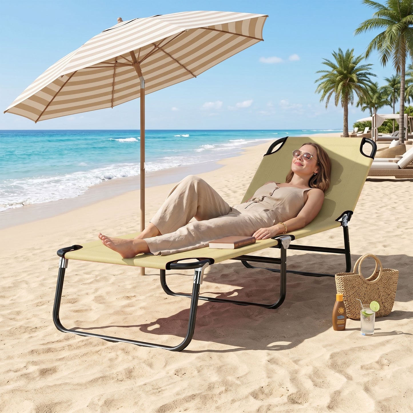 Outdoor Folding Lounge Chair, Steel Tanning Chair with Reclining Back, Breathable Mesh for Beach, Yard, Patio, Cream