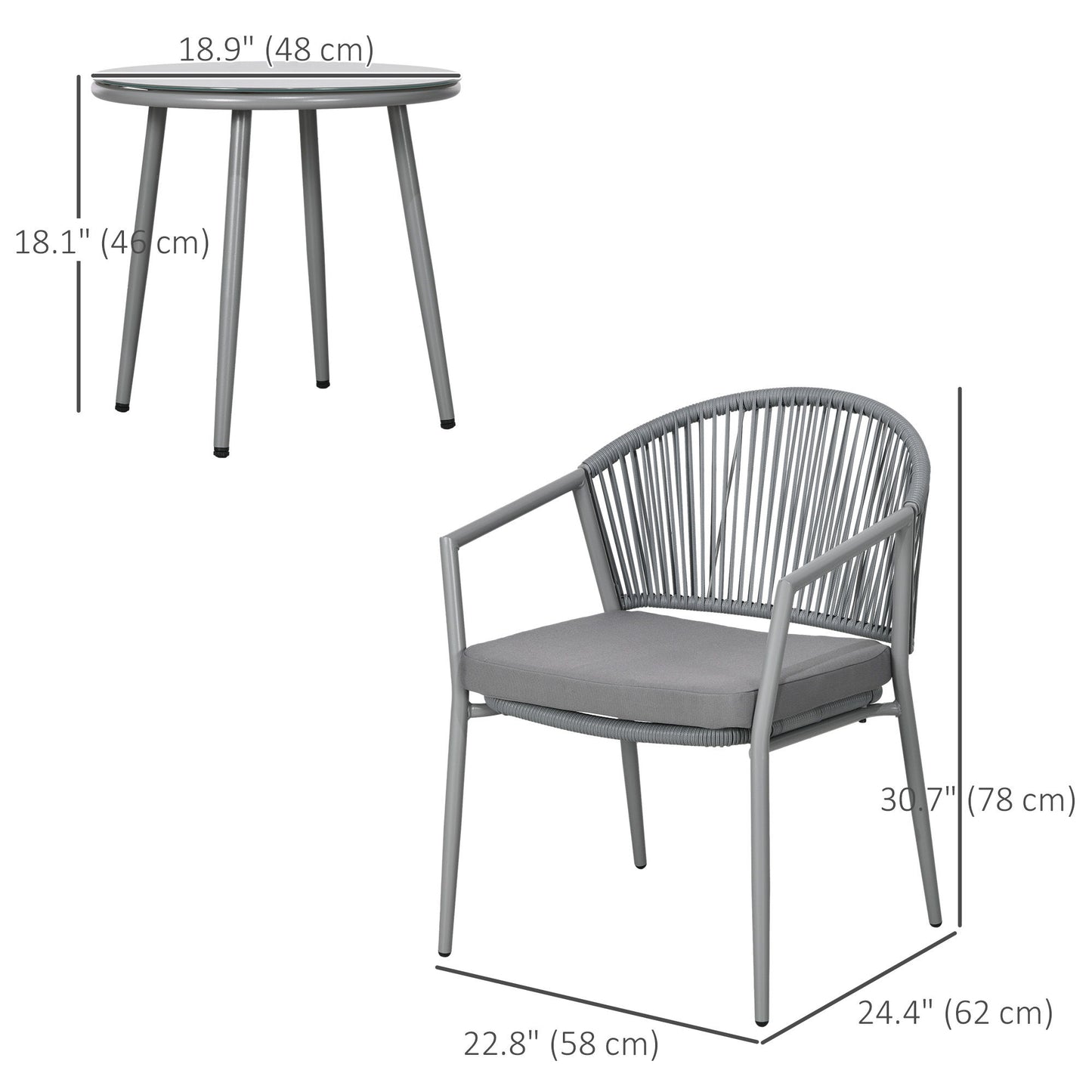 3-Piece Rattan Bistro Set, Garden Seating Group with 2 Armchairs and Coffee Table, Balcony Furniture Set, Grey