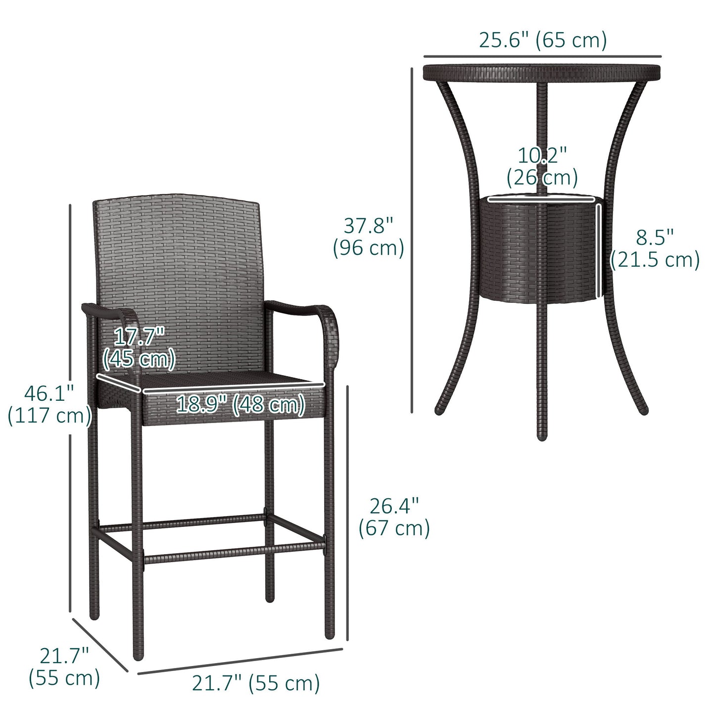3 Pieces Patio Bar Set, Rattan Bistro Table and Chairs, Outdoor Conversation Furniture Set with Ice Bucket, Dark Brown