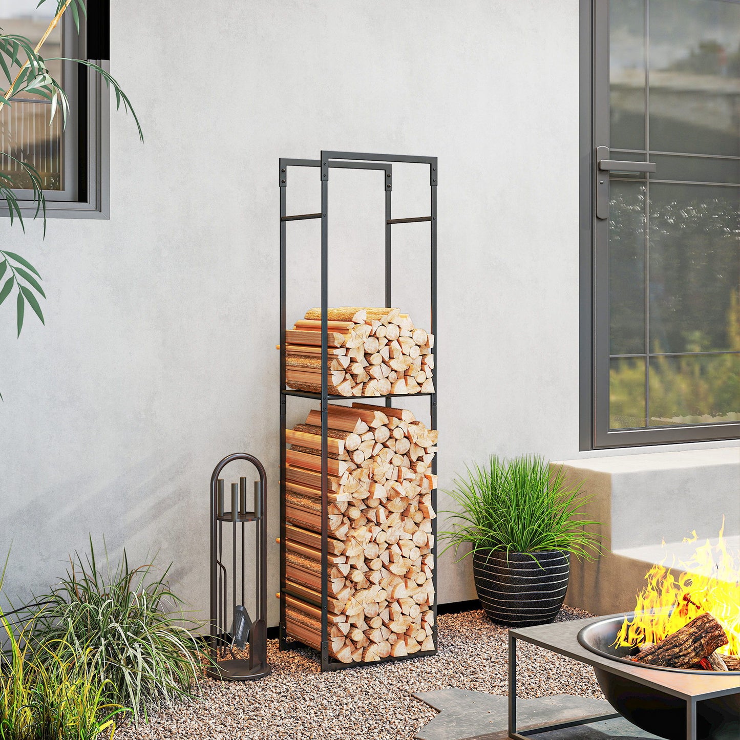 Firewood Rack Outdoor, Heavy Duty Log Holder with Adjustable Shelf for Fireplace, Indoor Outdoor Fire Wood Storage Rack