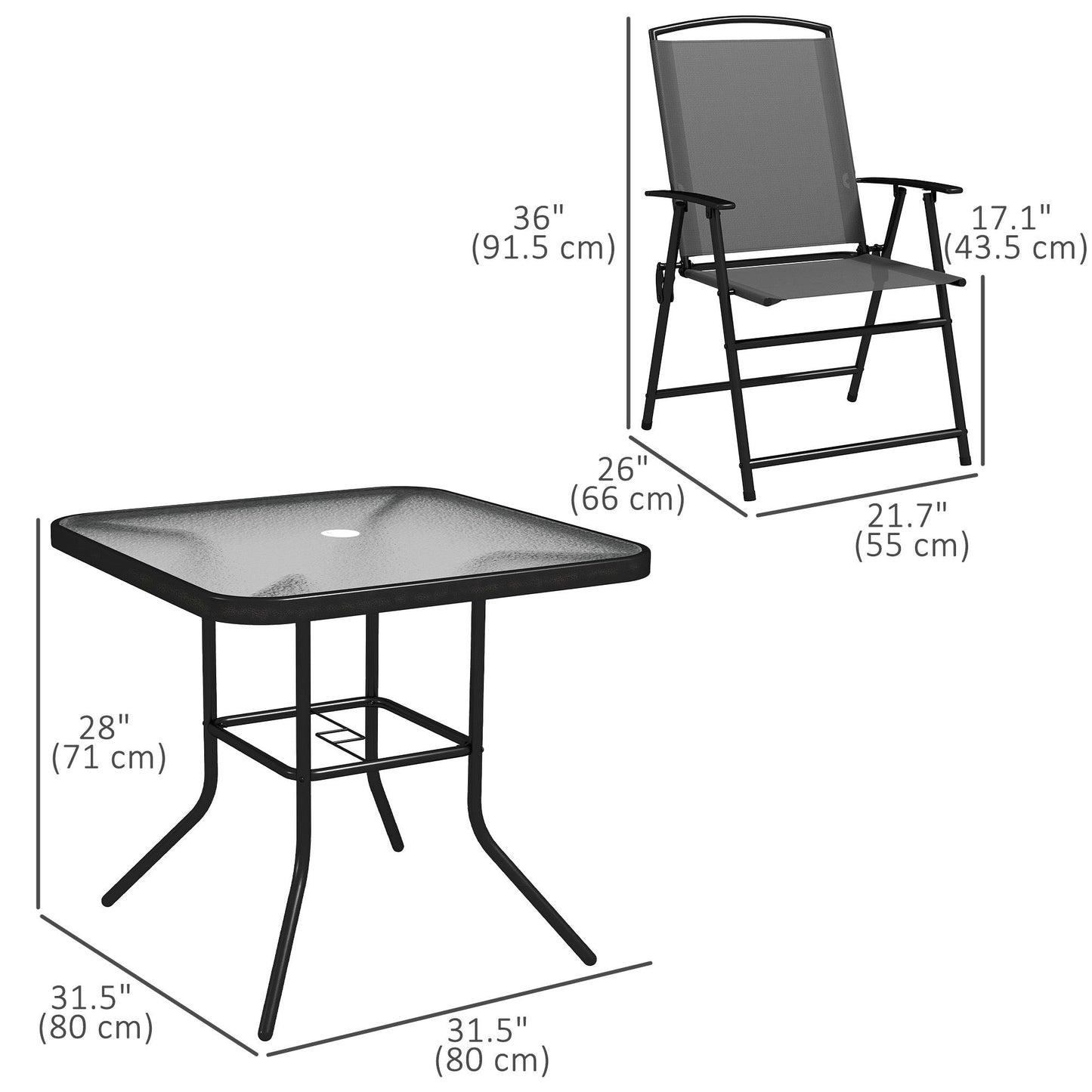 5 Pieces Outdoor Patio Dining Set with Glass Top Table and 4 Mesh Folding Chairs, Small Outdoor Patio Furniture, Grey