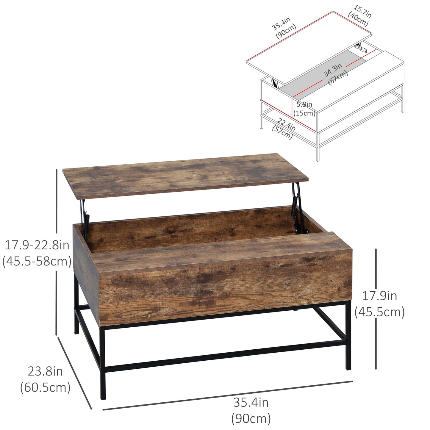 Lift Top Coffee Table with Hidden Storage - Rustic Brown