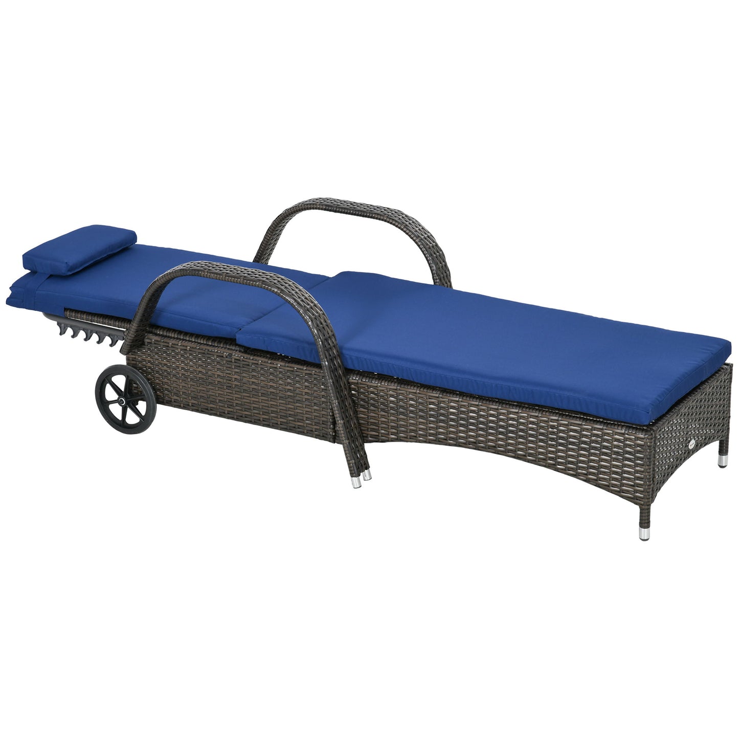 Outdoor Lounger, Deck Lounge Chair with Headrest, 5-Level Adjustable, Backrest, Wheels, Mixed Brown and Dark Blue