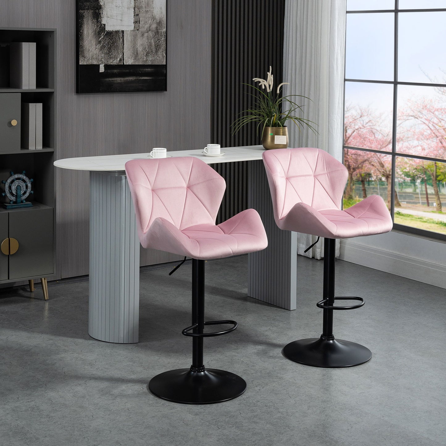 Velvet-Touch Bar Stool Set of 2 Fabric Adjustable Height Armless Counter Chairs with Swivel Seat, Pink