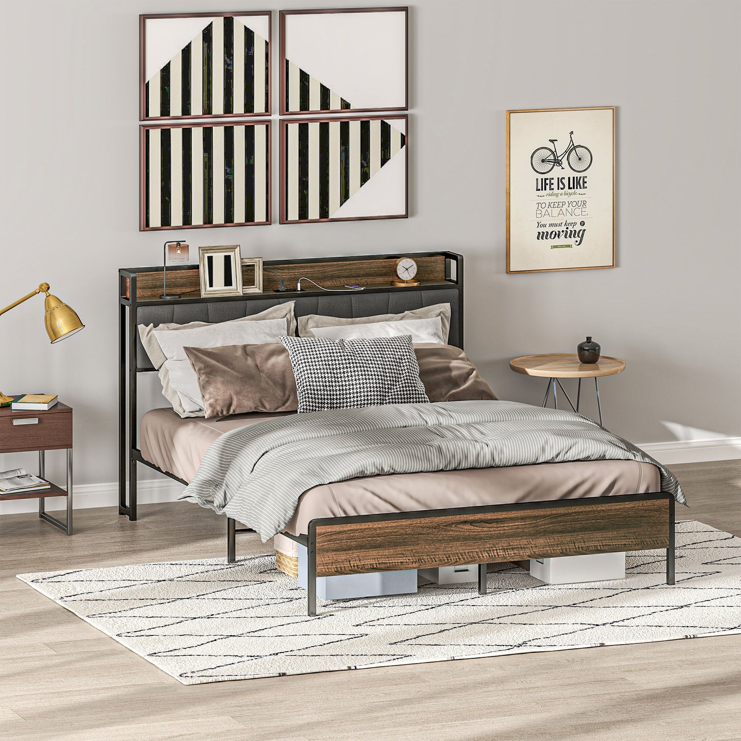 Queen Size Bed Frame with Charging Station, Queen Bed Frame with Upholstered Headboard and Storage Shelf, Walnut