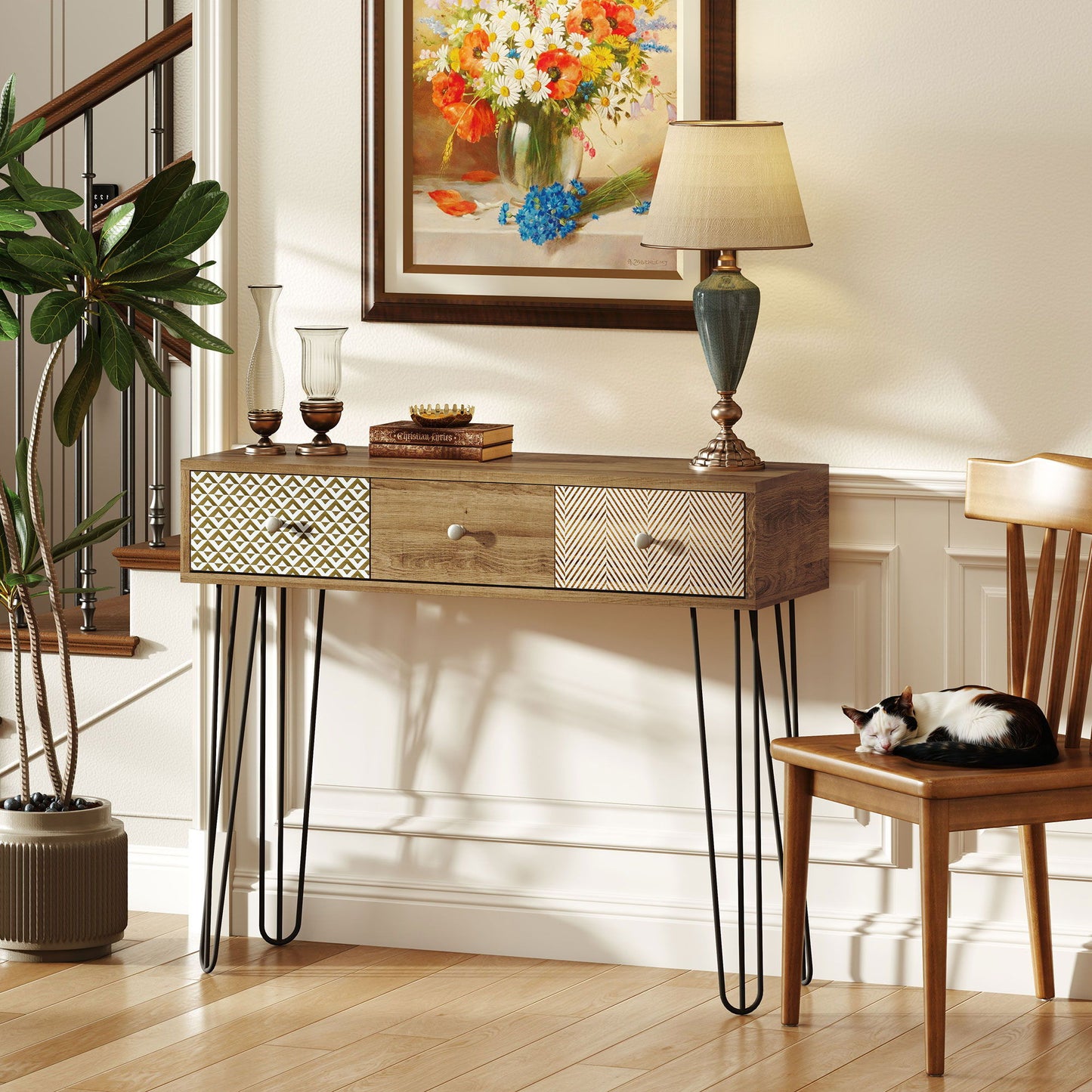 Narrow Console Table with Drawers, 35" Entryway Table with Hairpin Legs for Hallway, Foyer, Living Room, Brown