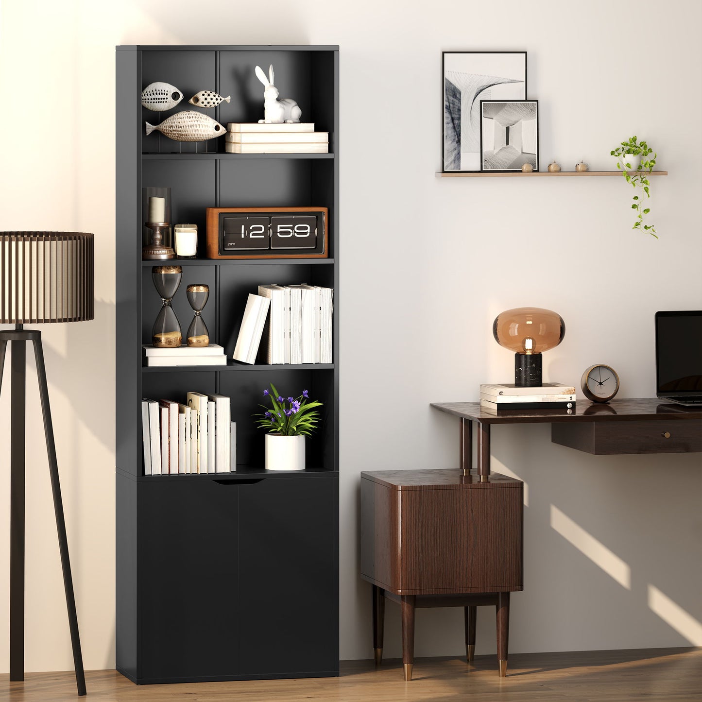 4-Tier Open Bookshelf with Doors Modern Home Office Bookcase Storage Cabinet for Living Room Bathroom Study, Black