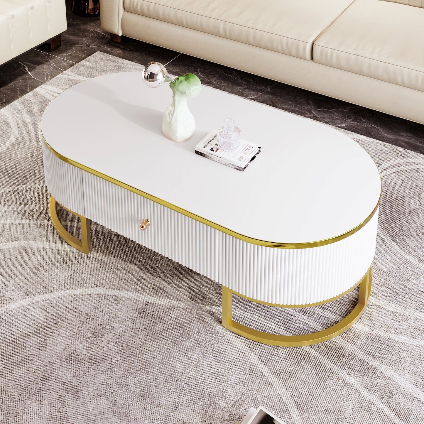Modern High-Gloss Oval Coffee Table with Storage Drawers, Gold Lacquered Metal Base, Curved Design, 47" L x 23.5" W x 14.5" H, White+Gold