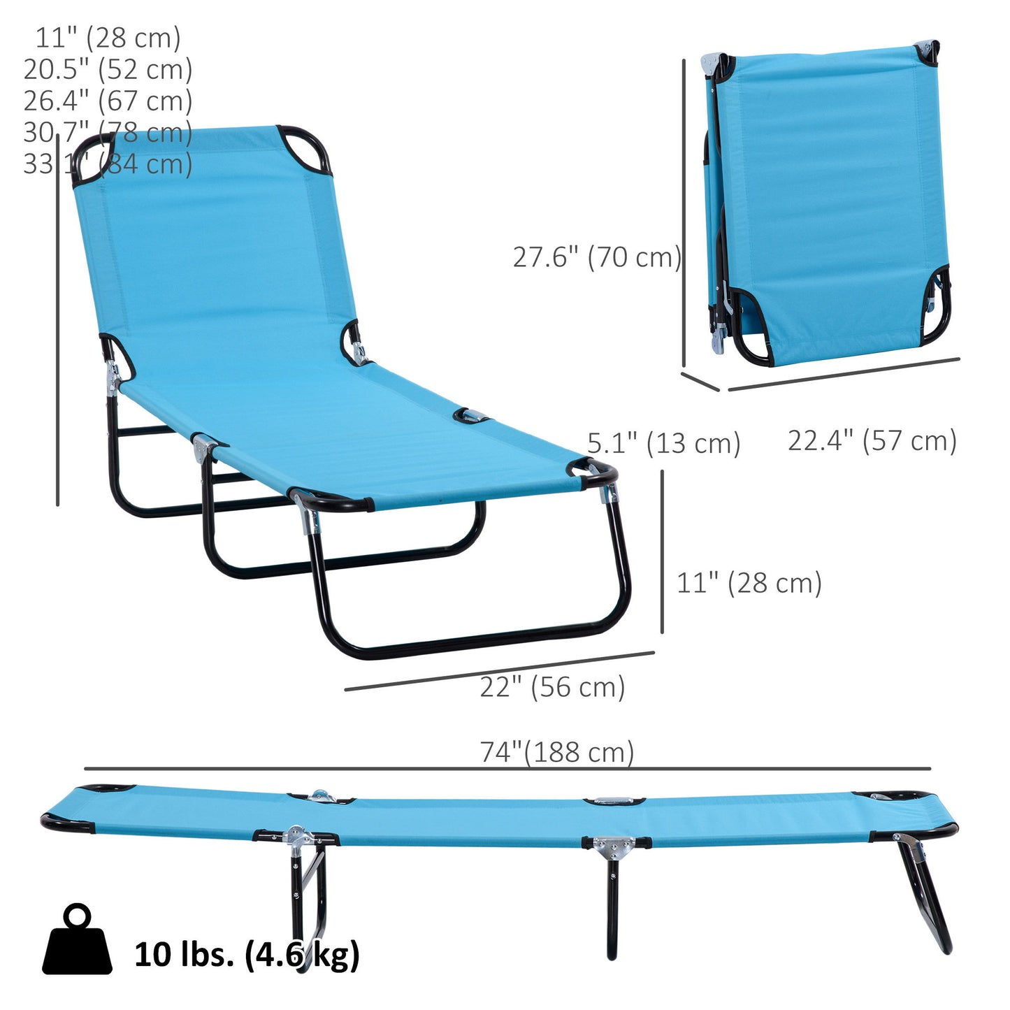 Outdoor Folding Lounge Chair, Steel Tanning Chair with Reclining Back, Breathable Mesh for Beach, Yard, Patio, Sky Blue