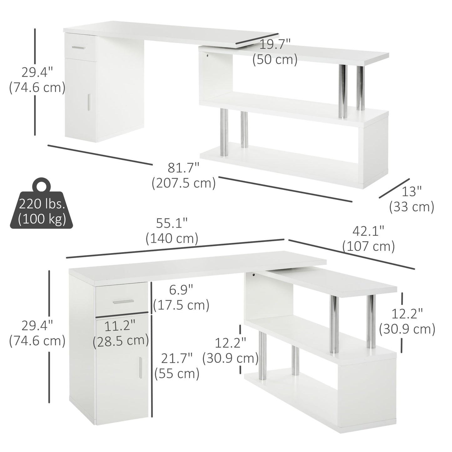 L-Shaped Rotating Computer Desk Home Office Study Workstation with Storage Shelves, Cabinet and Drawer for Home & Office, White