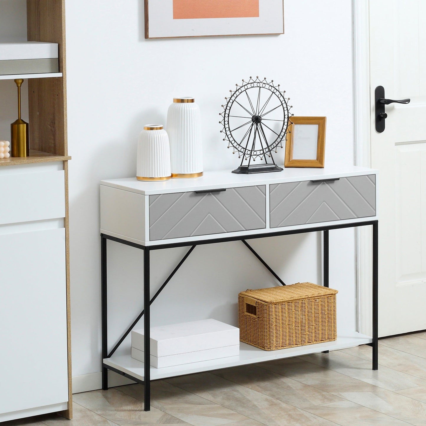 2-Tier Console Table with 2 Drawers - White