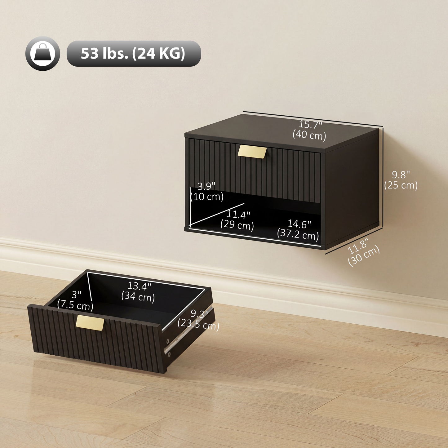 Set of 2 Wall Mounted Bedside Tables, Floating Nightstands with Fluted Drawer and Open Shelf for Bedroom, Black