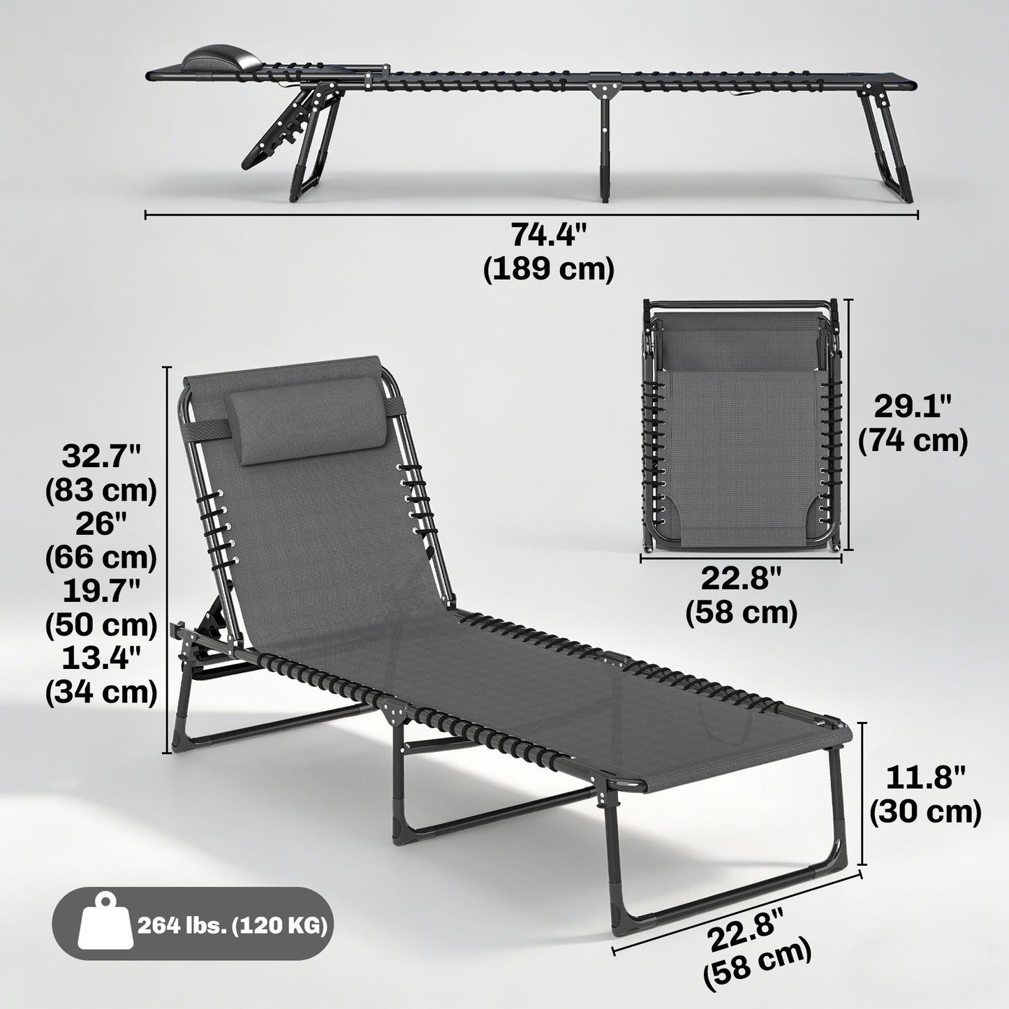 2 PCs Folding Lounge Chairs, Adjustable Chaise Lounges with Headrest, Reclining Lounger Cot for Camping, Hiking, Grey