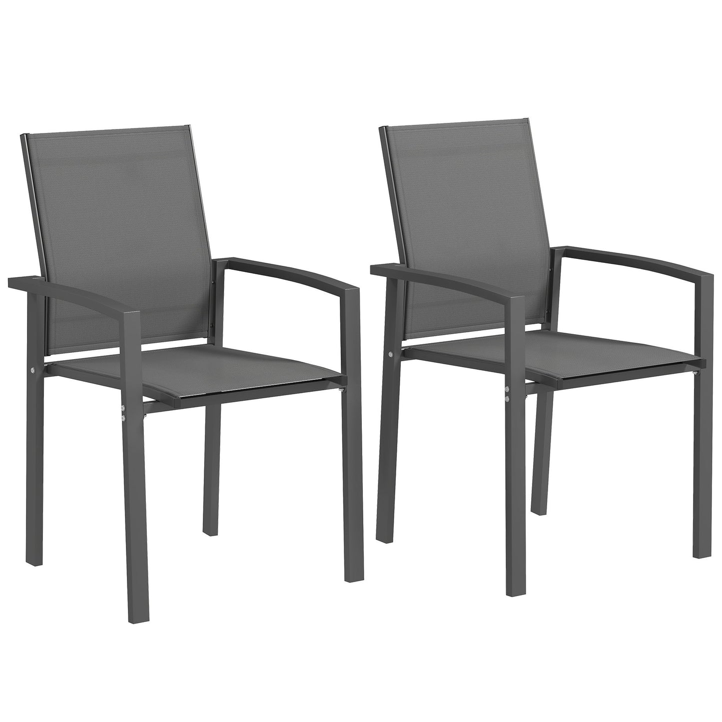 Set of 2 Outdoor Stackable Garden Dining Chairs, Patio Chairs with Breathable Fabric Seat, Armrests and Backrest for Patio, Balcony and Backyard, Dark Grey
