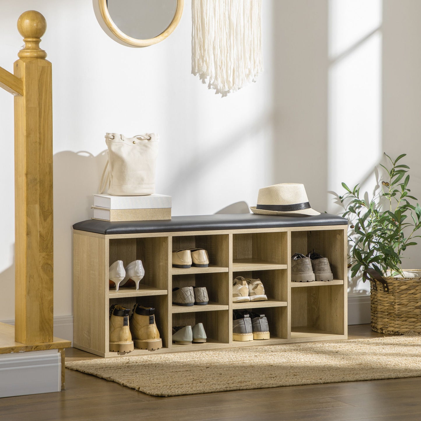 Wooden Shoe Bench with Padded Cushion, Storage Bench with 10 Compartments and Adjustable Shelves, Entryway Organizer for Hallway Living Room