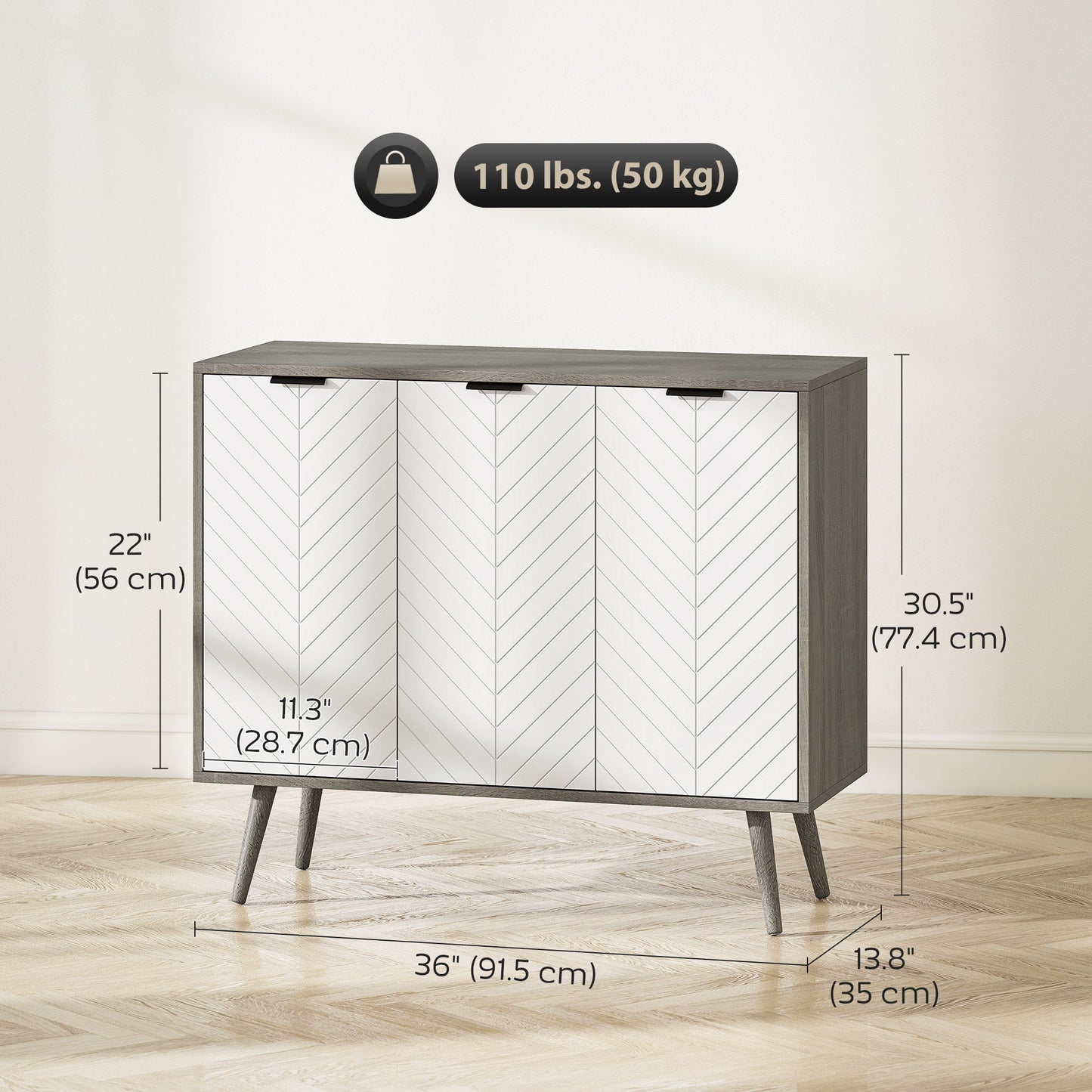 Modern Sideboard and Buffet, Dining Room Cabinet with Adjustable Shelves and 3 Doors, Grey