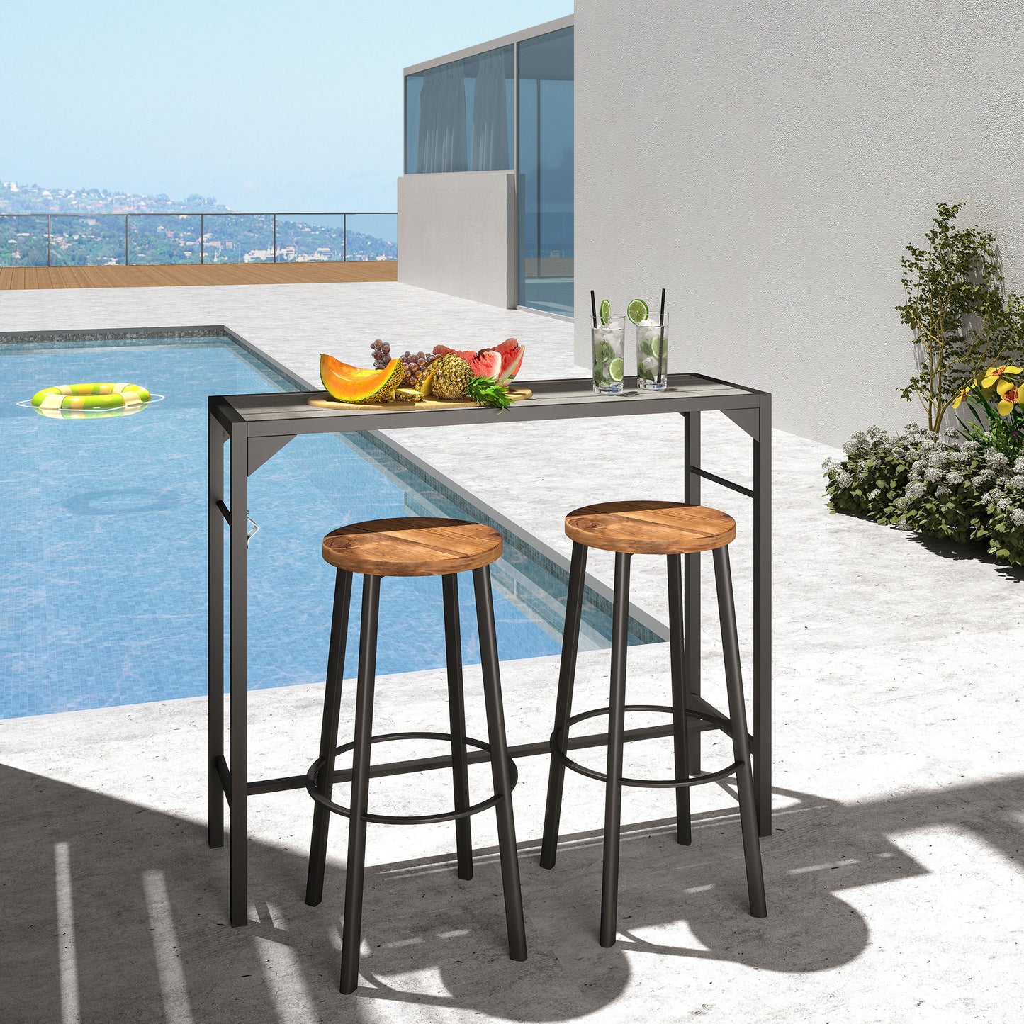 Bar Height Outdoor Table with Built-In Bottle Opener, Patio Bar Table with Wood Grain Plastic Top, 47.2" x 15" x 39"