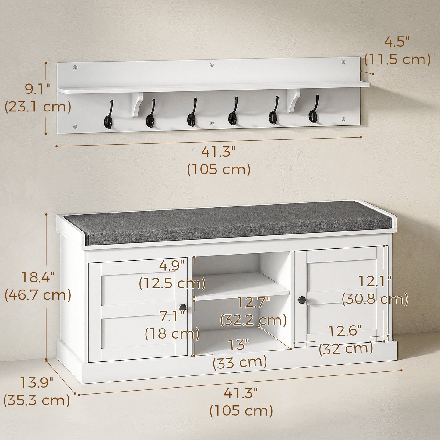 Coat Rack Shoe Bench Set with 6 Hooks - White and Grey