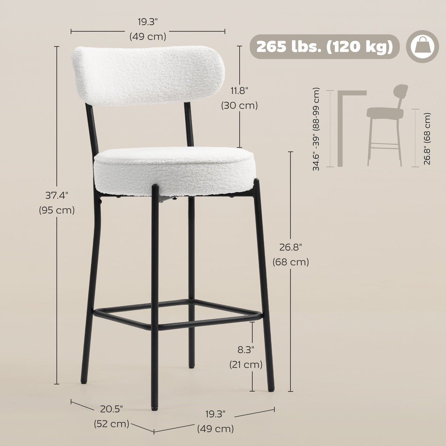 Set of 2 Barstools, Upholstered Bar Stools with Backrest, Footrest for Kitchen Island, Dining Room, Cream White