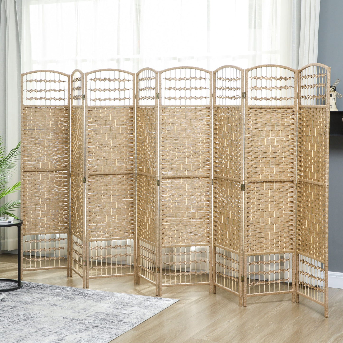 8 Panel Folding Room Divider, Portable Privacy Screen, Wave Fiber Room Partition for Home Office, Natural
