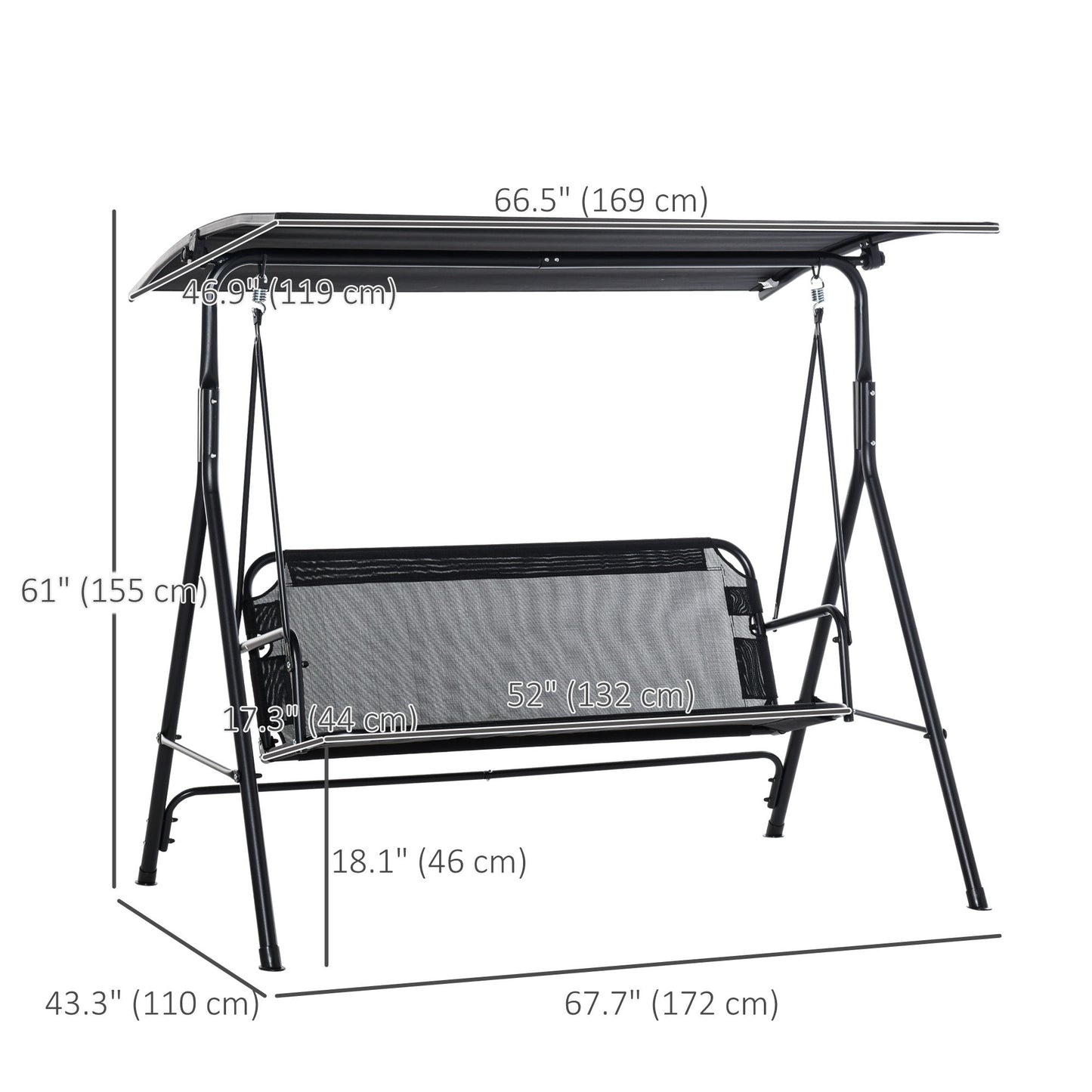 2-Person Porch Swing Chair, 2 Seater Patio Swing Bench w/ Adjustable Canopy, Breathable Seat for Garden, Poolside, Black