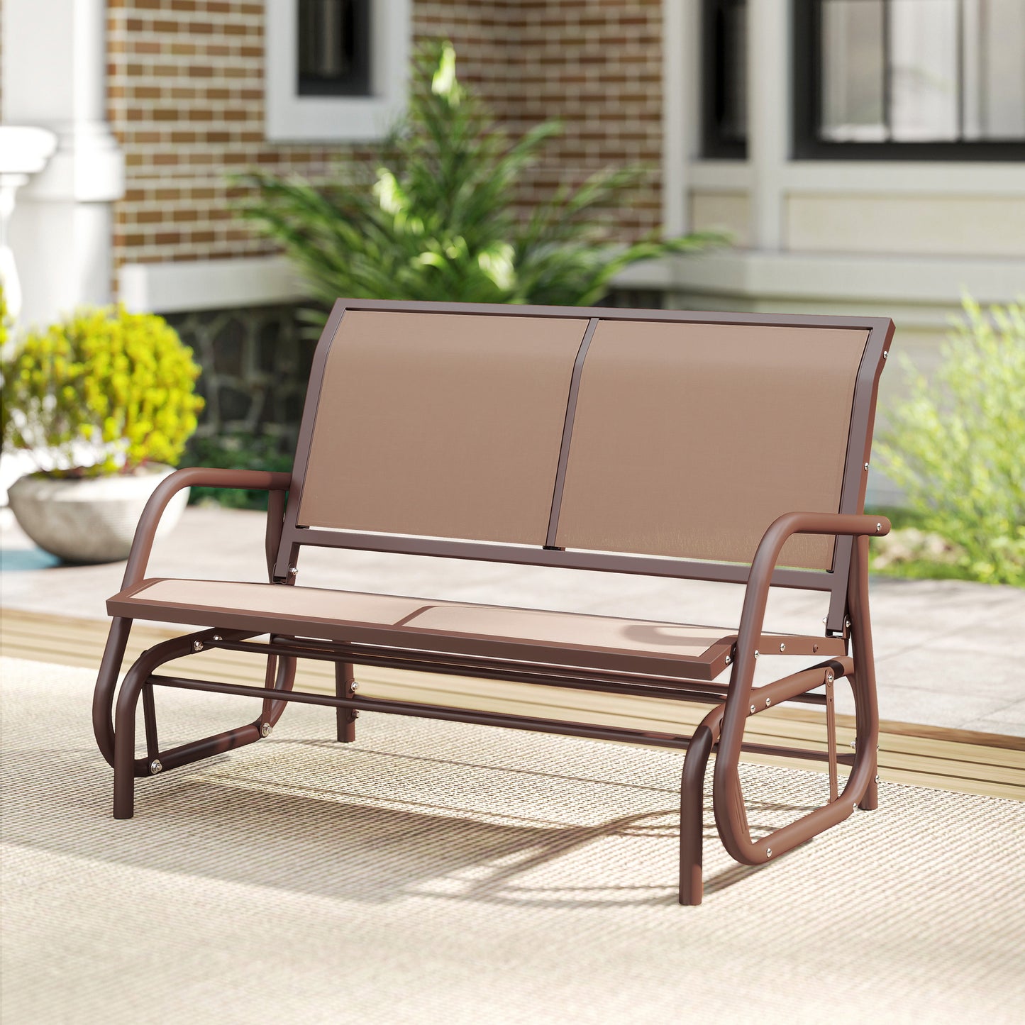 Outdoor Glider Bench, 2 Person Patio Glider Chair, Gliding Outdoor Garden Loveseat Swing Bench with Breathable Mesh Fabric, Steel Frame for Backyard, Porch, Coffee Brown