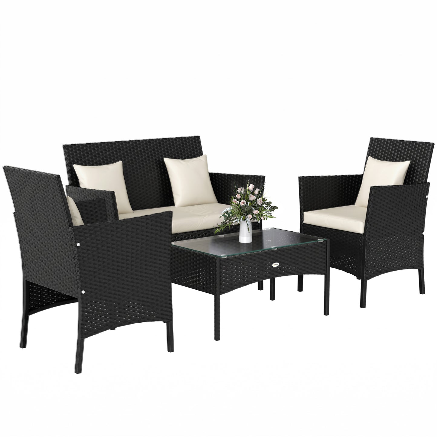 4-Piece Rattan Outdoor Furniture Set Patio Furniture Set with Coffee Table 22.8" W x 21.7" D x 33.5" H Black & Cream