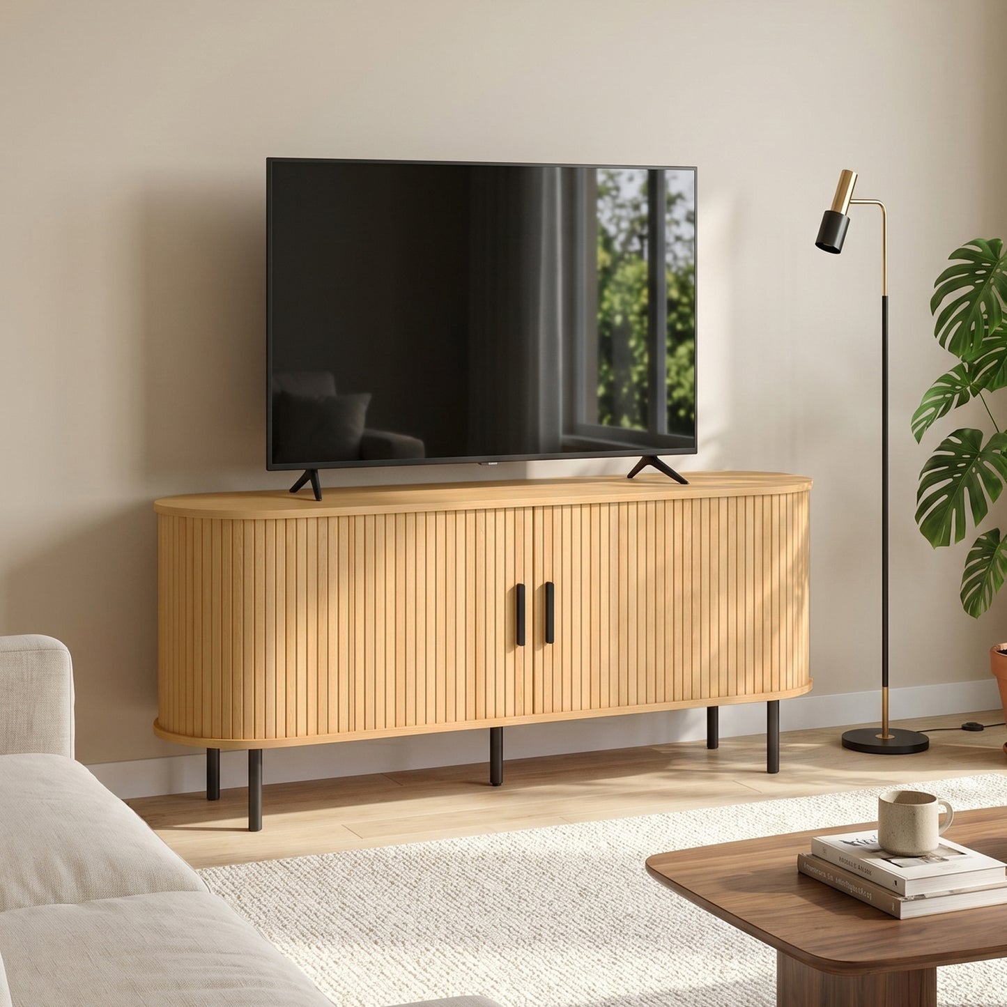 TV Stand for TVs up to 60", Modern Entertainment Center with Curved Sliding Doors, Natural Wood