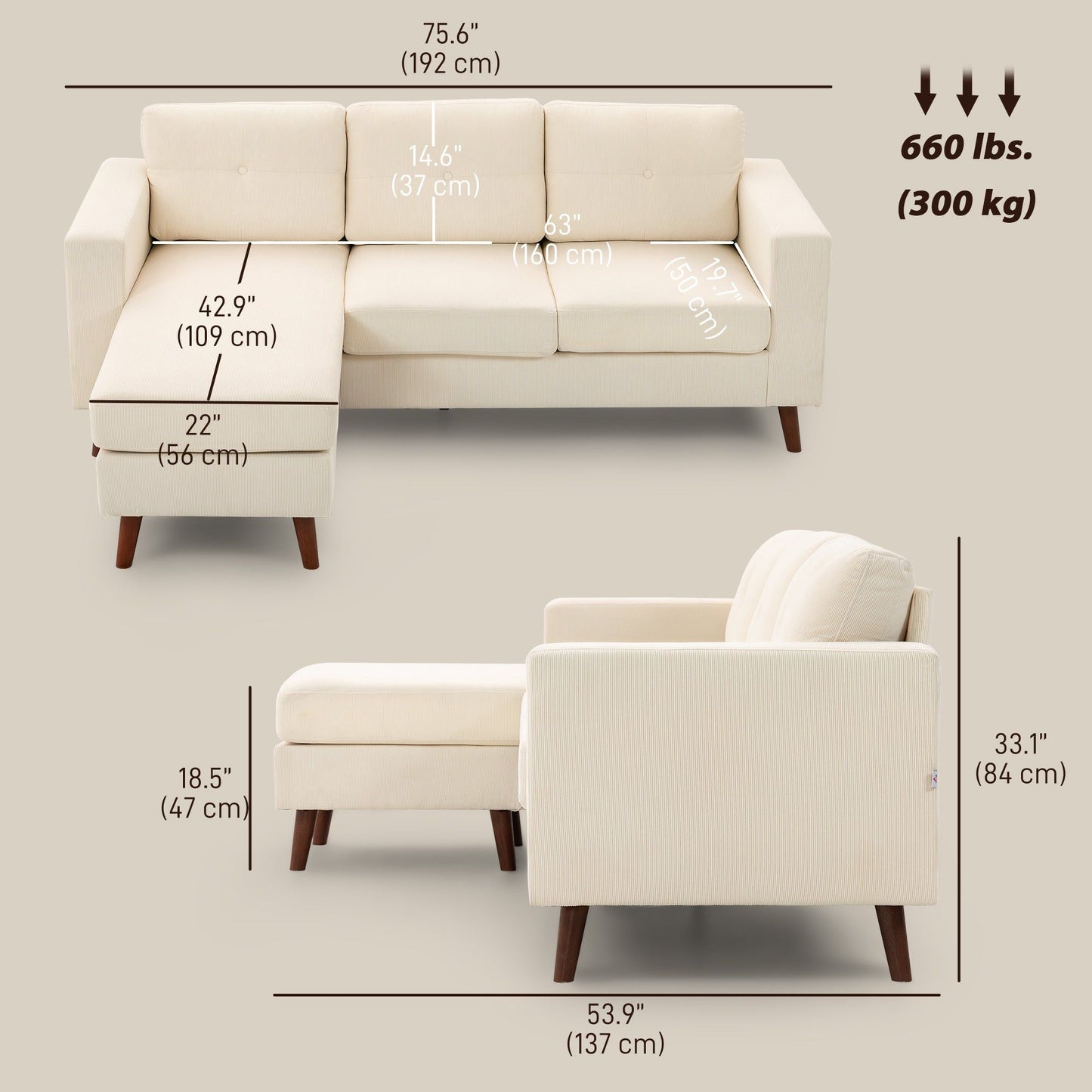 L-Shaped Sectional Sofa with Reversible Chaise - Cream White