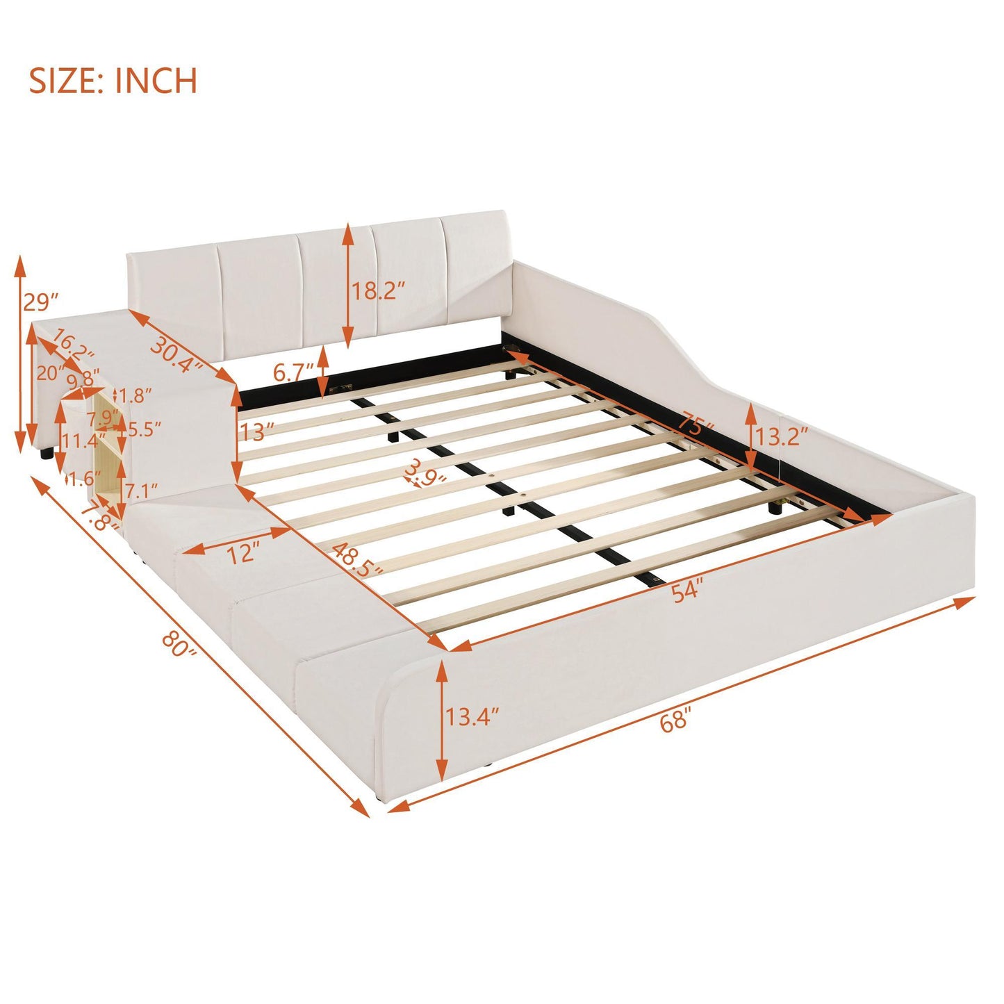 Full Size Upholstered Platform Bed with Built-In Bedside Desk and Round Stool, Solid Bedboard for Families, 80'' L x 68'' W x 29'' H, Beige