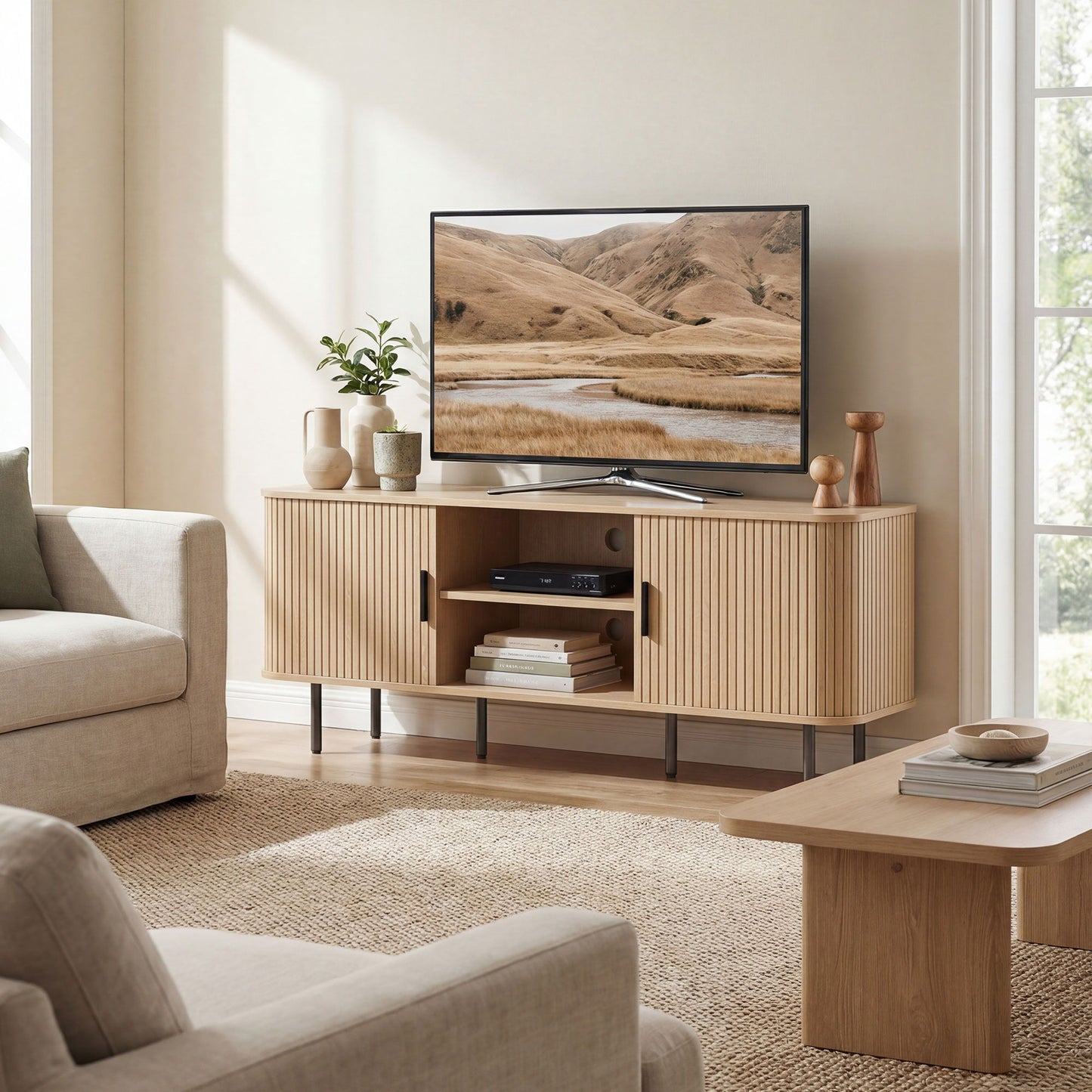 TV Stand Cabinet for TVs up to 65 Inches, TV Unit with Storage Shelves and Cabinets for Living Room, Oak Tone
