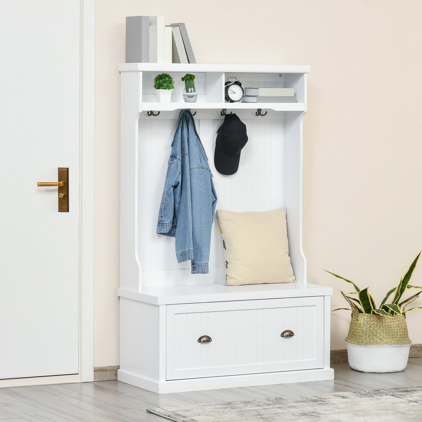 64.5" H Hall Tree with Storage Drawer & Top Shelf, Coat Rack Wooden Entryway Storage Bench Hall Tree Hallway Clothes Bag Coat Rack 4 Hooks, White