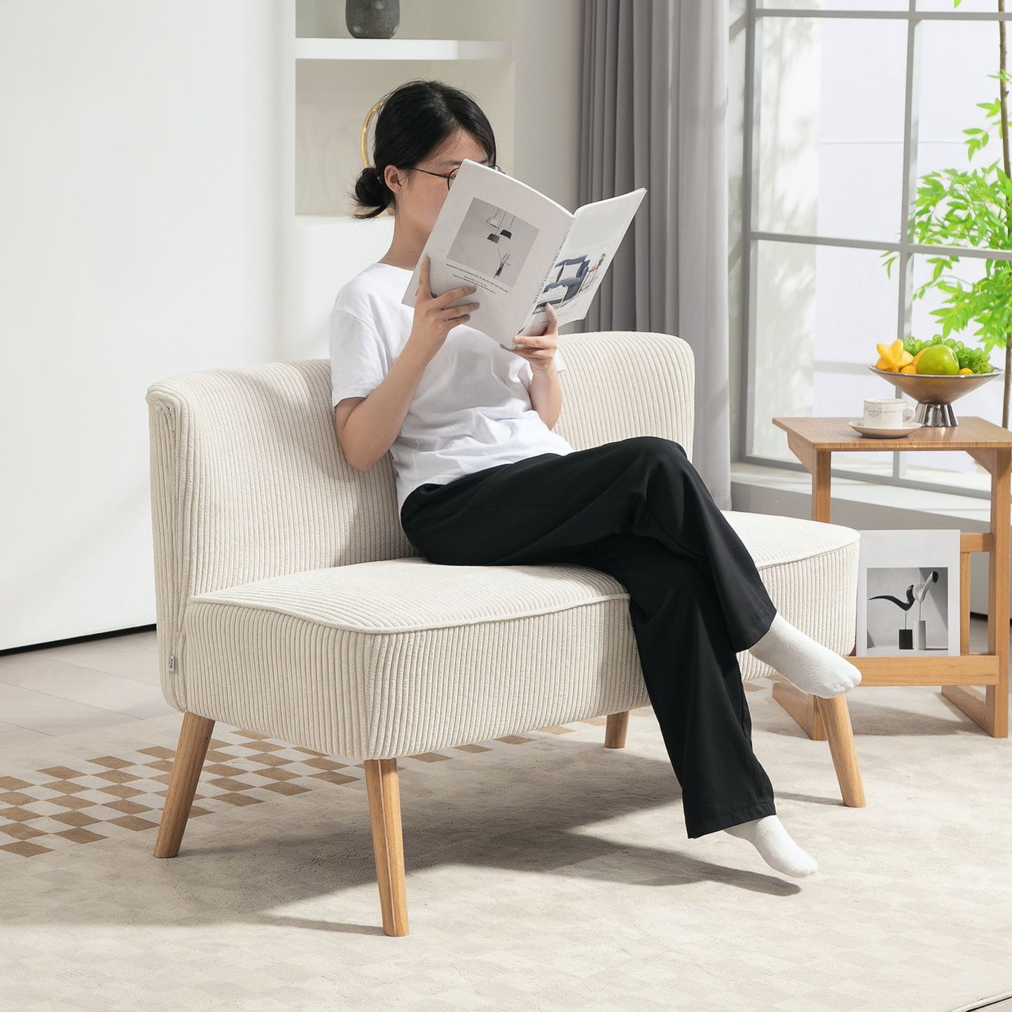 Modern 2 Seater Sofa, Upholstered Two Seater Couch with Rubber Wood Legs, Cream White