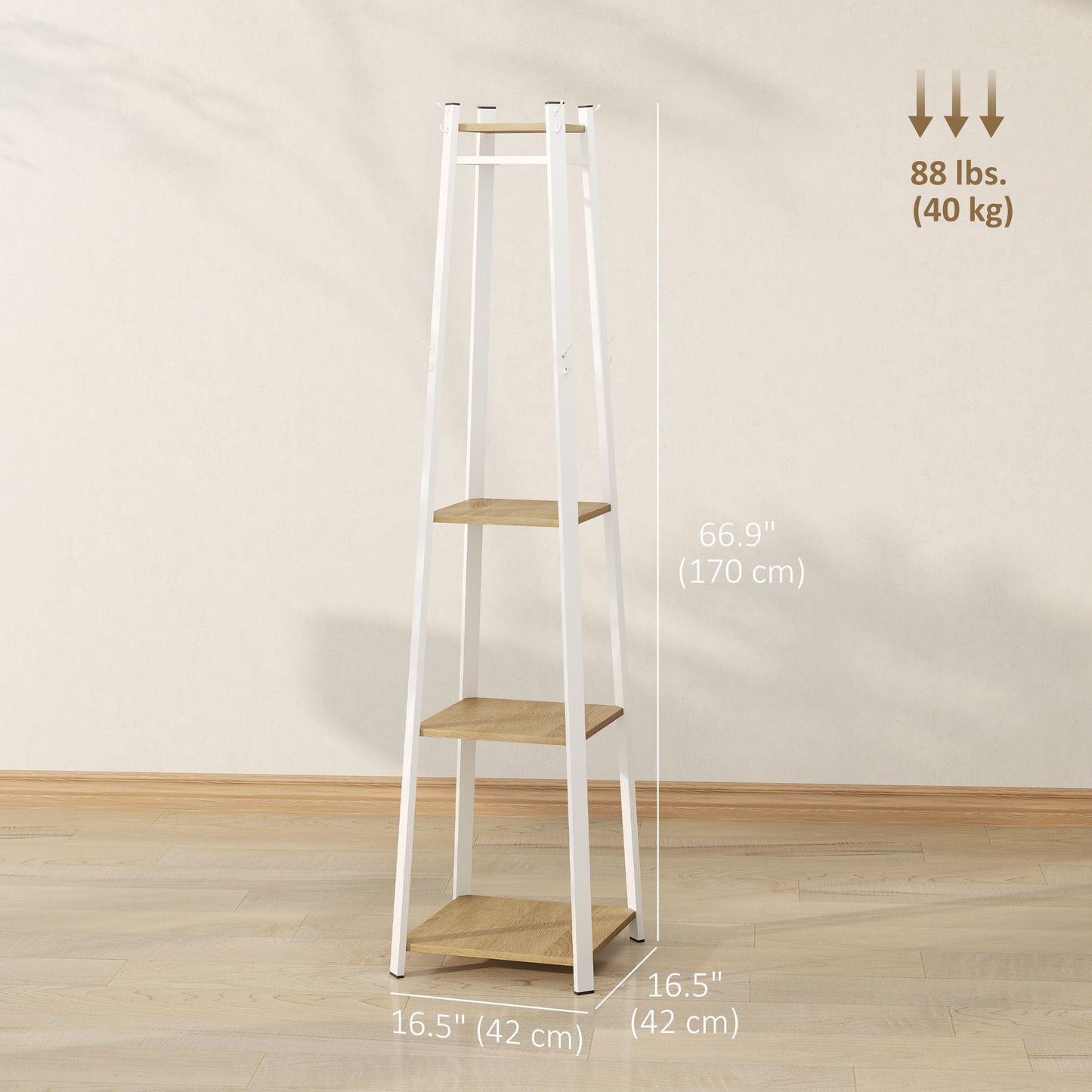 Clothes Rack with Storage, Garment Rack with 8 Hooks and 3-Tier Shelf, Clothes Stand for Bedroom, Entryway, Oak